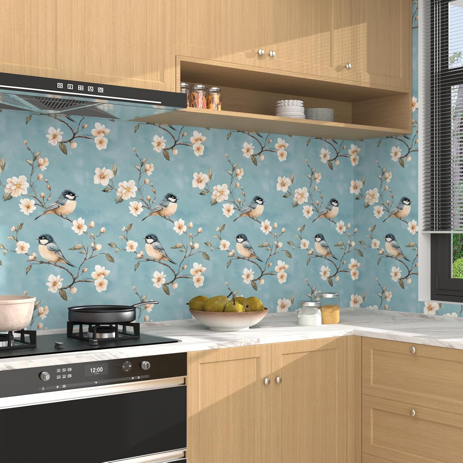 Bird Wallpaper Peel and Stick, Vintage Sky Blue/Beige Floral Contact Paper, Retro Botanical Wall Paper 17.5" x 118" Self Adhesive Removable Waterproof for Bedroom Walls Shelves Cabinet Drawer Table