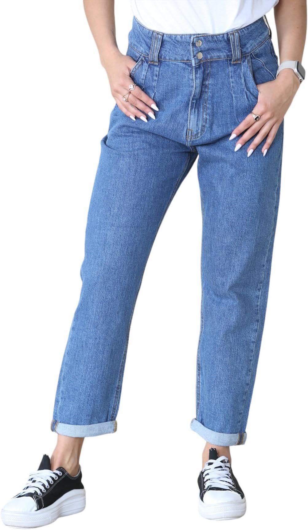 Womens Boyfriend Jeans Ladies High Wide Waist Tapered Leg Denim Pants Size 10-24