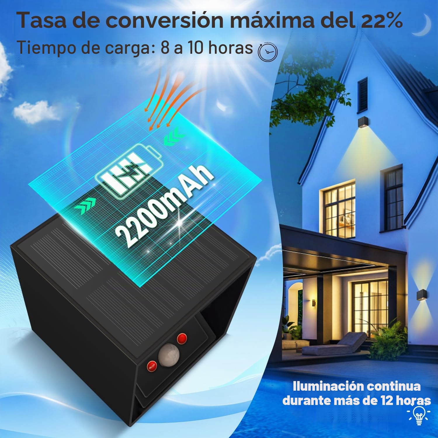 2 Piezas Aplique Solar Pared Exterior, Luz Exterior Solar LED con Sensor de Movimiento Lampara Solars Exterior IP65 Ángulo de haz Ajustable Luz 3 Modos para Jardin Porche Patio