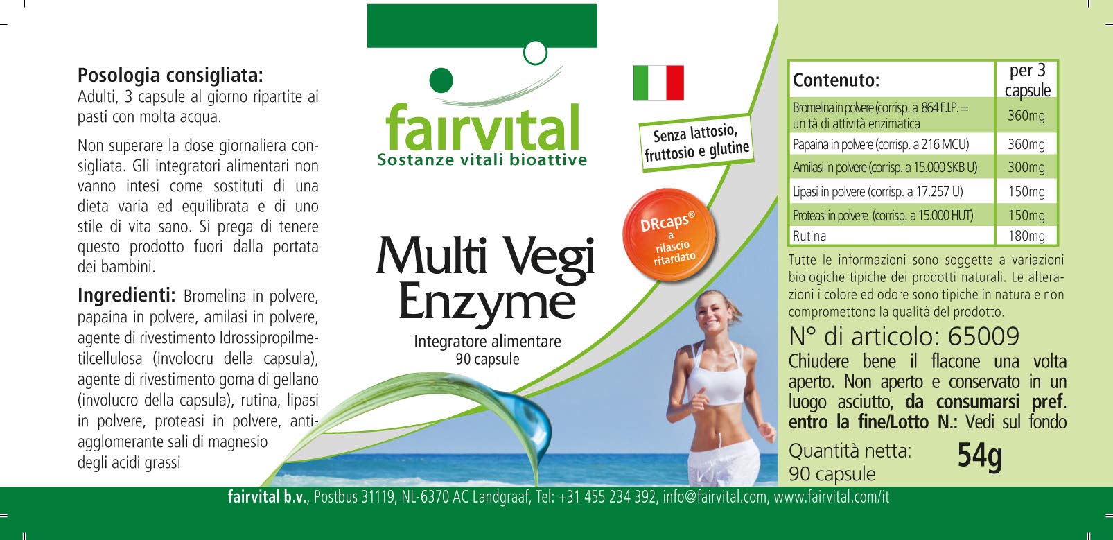 fairvital Multi Vegi Enzyme, 90 capsule, complesso enzimatico 100% vegetale con bromelina + papaina + amilasi + lipasi + lipasi + proteasi + rutina, a rilascio ritardato