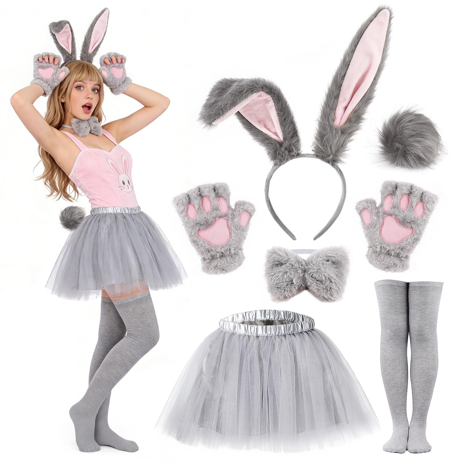 Disfraz Conejo Adulto Orejas Conejo Pajarita Tutú y Cola Disfraces de Animales para Fiesta Carnaval Pascua Cosplay