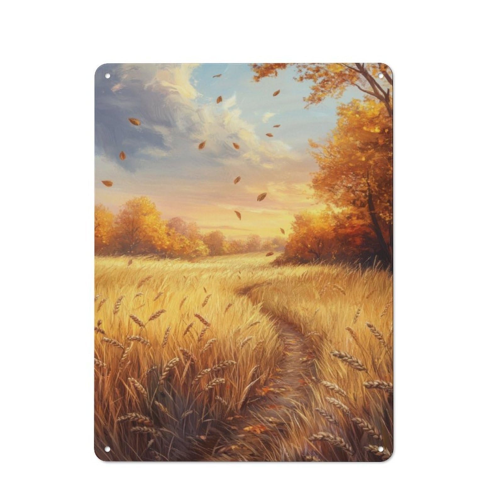 Junmoney Autumn Wheat Field Path Tin Wall Plaque 40X30cm With For Bar Or Restaurant, Autumn Wall Decor For Hospitality Decor Collectors