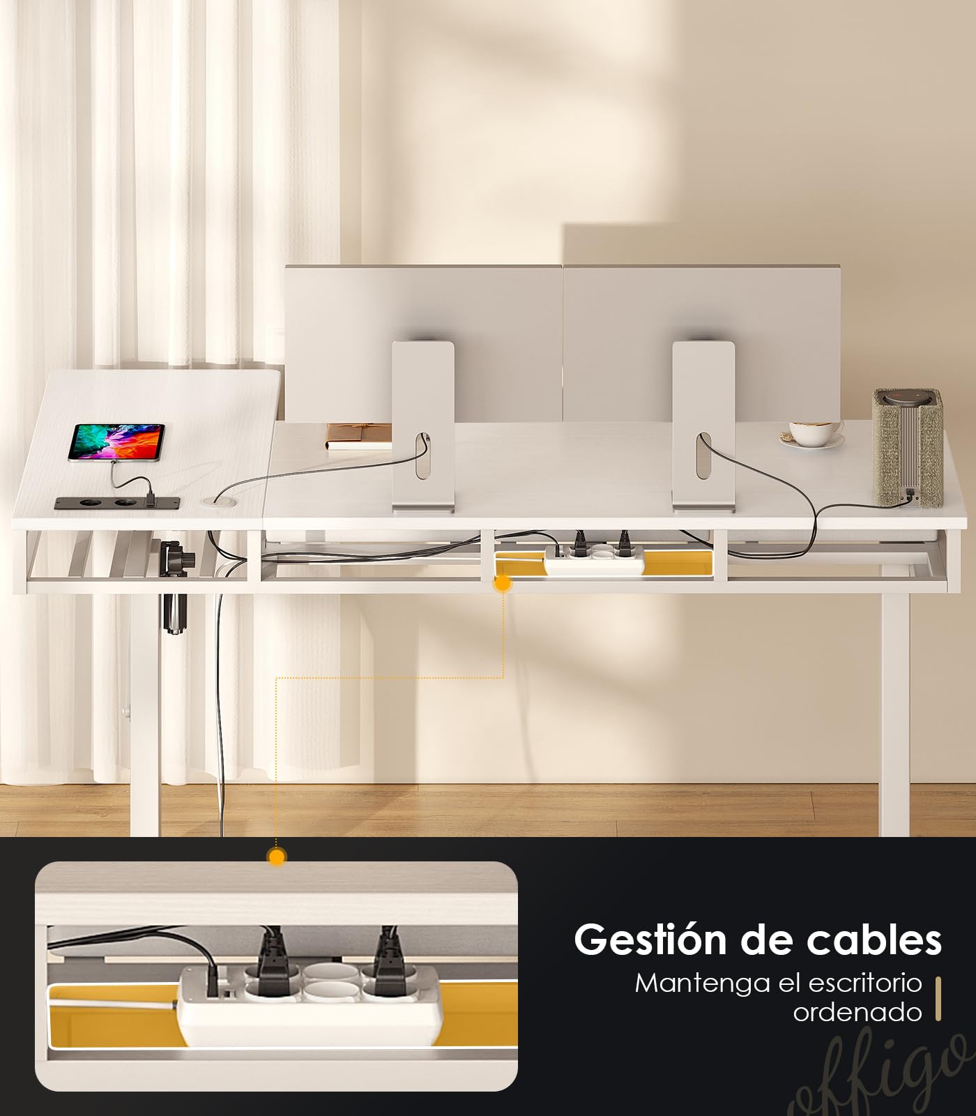 OffiGo Escritorio Elevable Esquinero con 4 Cajones, 140 x 80 cm, Blanco