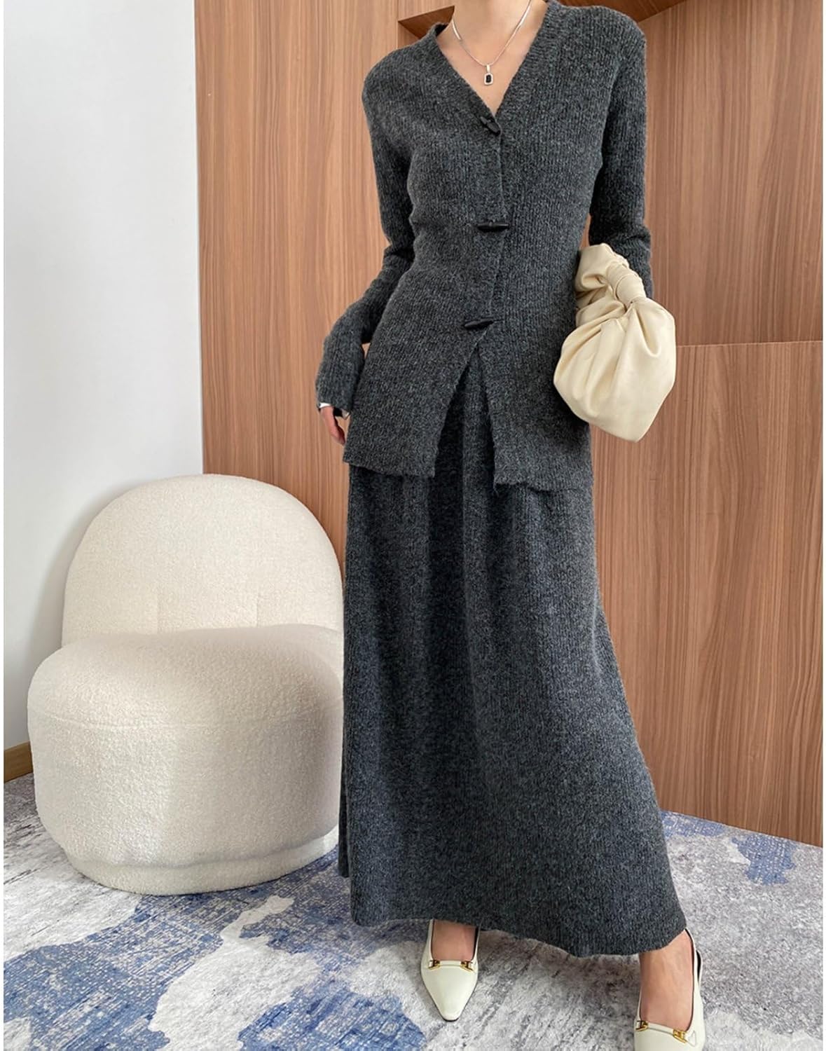 [HEUYOIUH] レディース 春秋 2ピース セーターセット Vネック スリムフィット カーディガン トップス＆ルーズAラインス