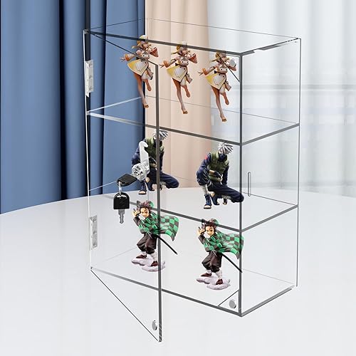 Miniatura 6 de Vitrina de encimera de acrílico transparente con llave de bloqueo, vitrina de seguridad de 3 estantes, vitrina de hebillas de succión Dustproop para