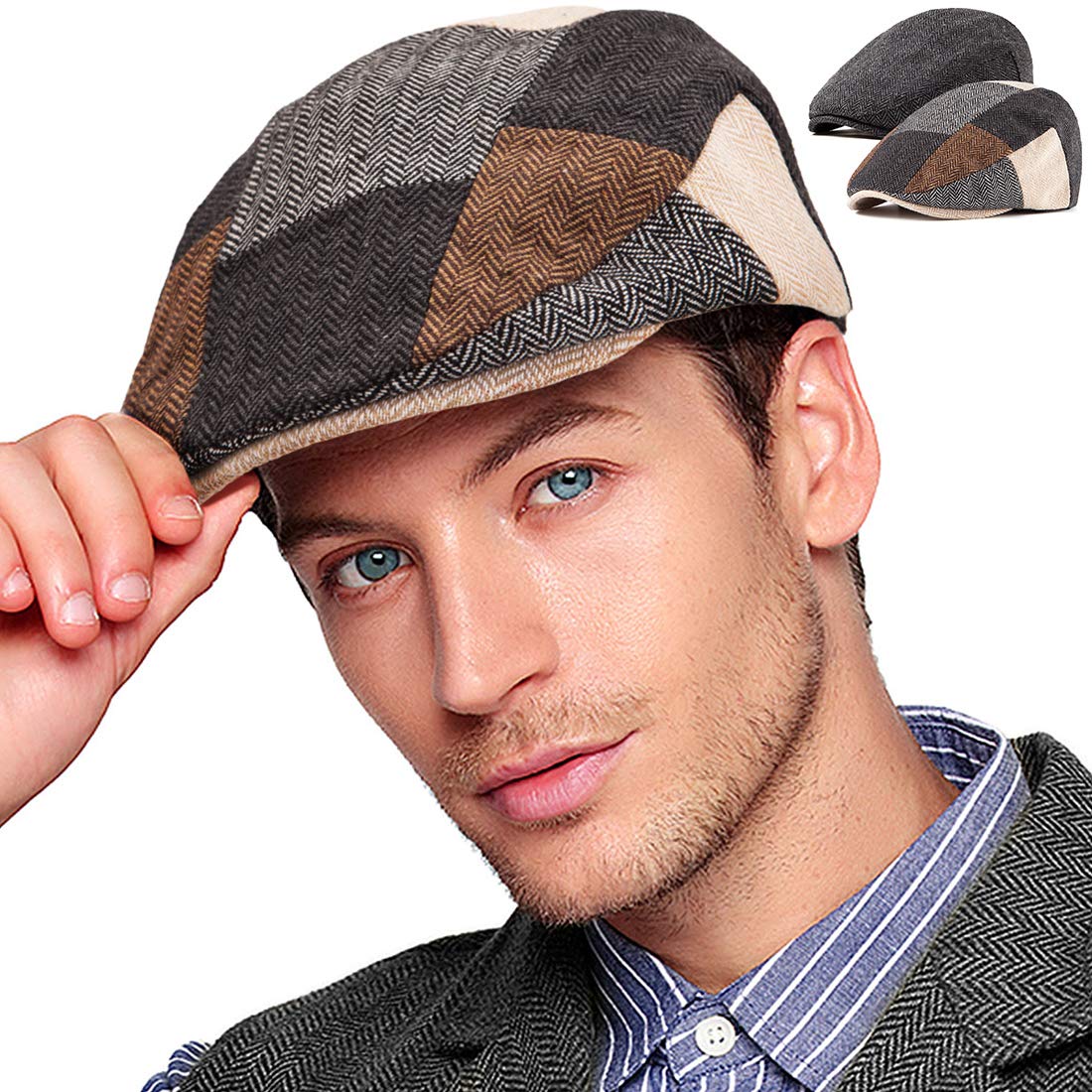 2-Pack Adjustable Newsboy Hats for Men Flat Cap Irish Wool Blend Tweed