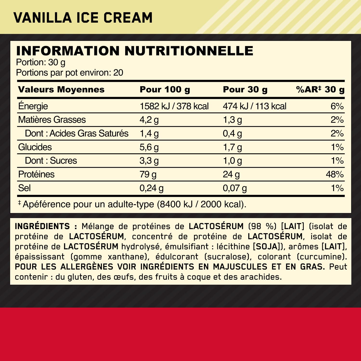 Optimum Nutrition Gold Standard 100% Whey, Protéine en Poudre, Goût Glace à la Vanille, 600g, 20 Doses