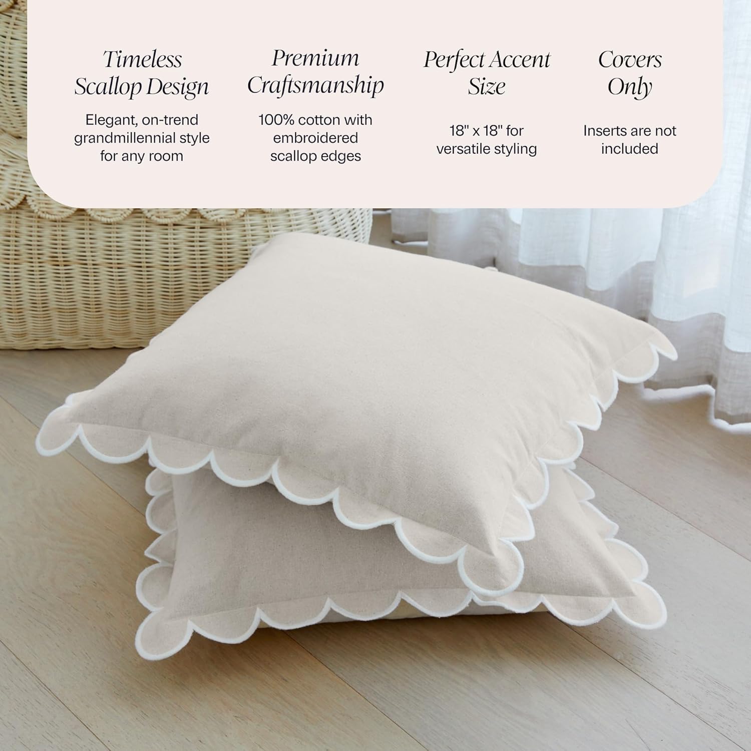 BEBE BASK Scalloped Pillow Cover - Set of 2 - 18 x 18 Inch - Scallop Pillow Cover Natural/White/Beige - 100% Cotton - Grandmillennial Style
