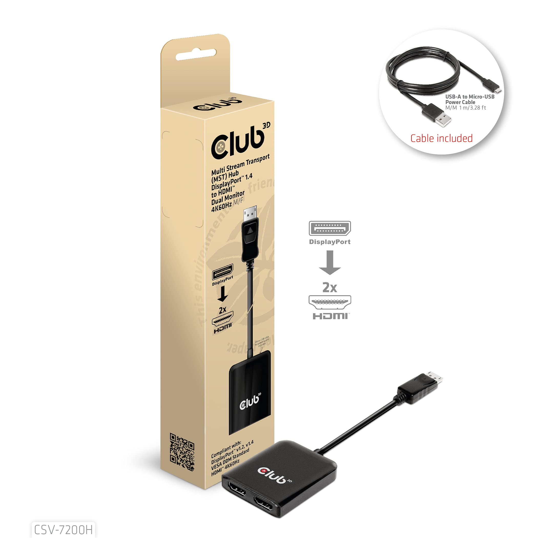 CLUB3D CSV-7200H rozgałęźnik wideo DisplayPort 2X HDMI