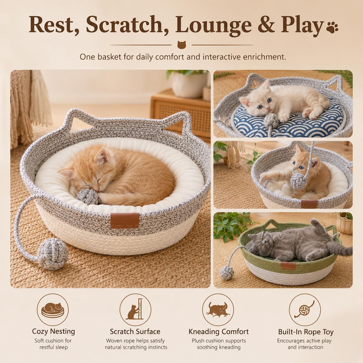 Instinct Basket for Cats, Handwoven Cotton Rope Cat Basket Bed with Toy Ball and Cat Ear Handles, Scratchable Breathable Round Woven Cat Basket for Indoor Cats (Large,Gray White Basic) thumbnail