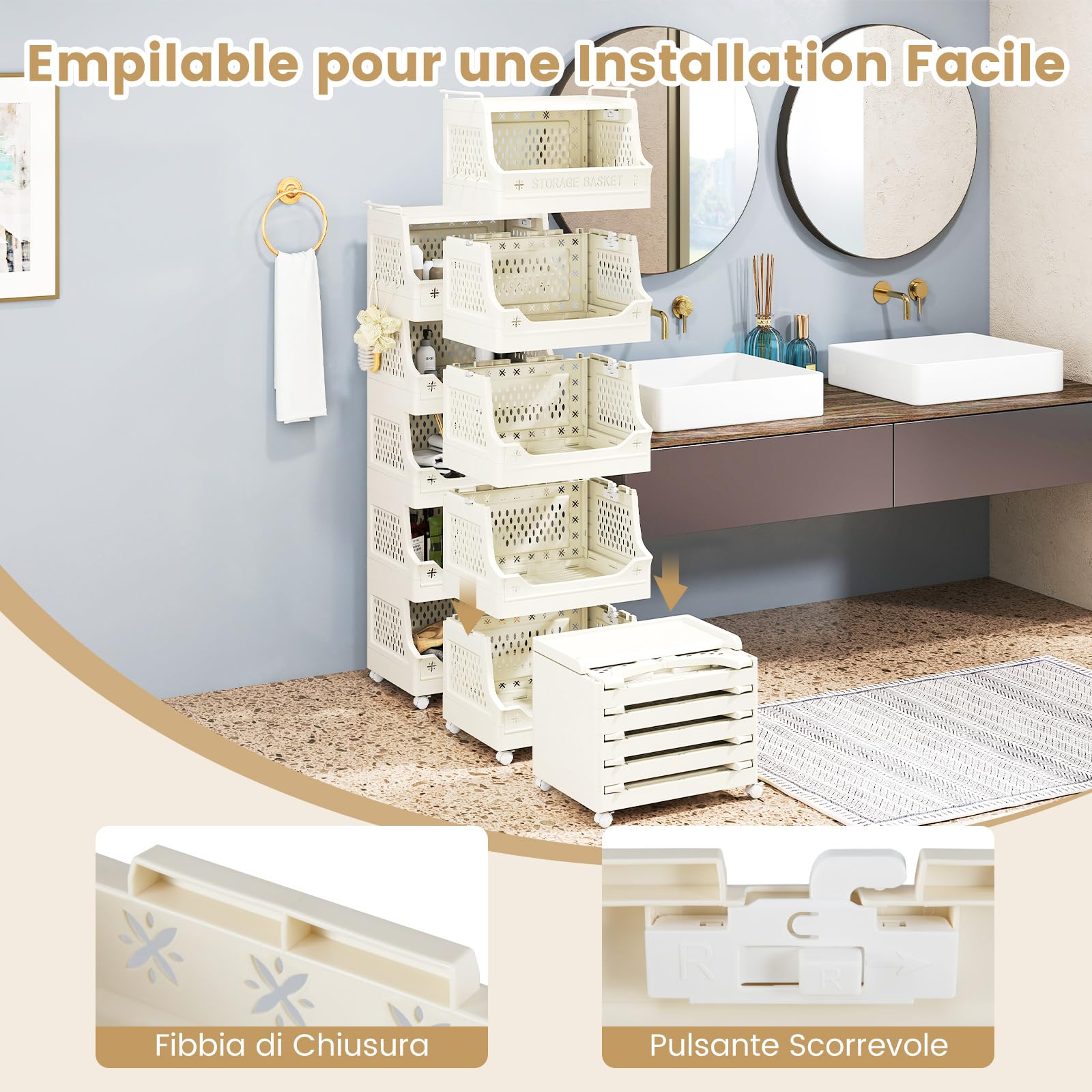 RELAX4LIFE Carrello Portaoggetti a 3/4/5/6 Livelli, Portabiancheria Impilabile con Ruote, Maniglie e Ganci, Salvaspazio in Plastica per Lavanderia, Bagno e Soggiorno, Beige (5 RIPIANI)