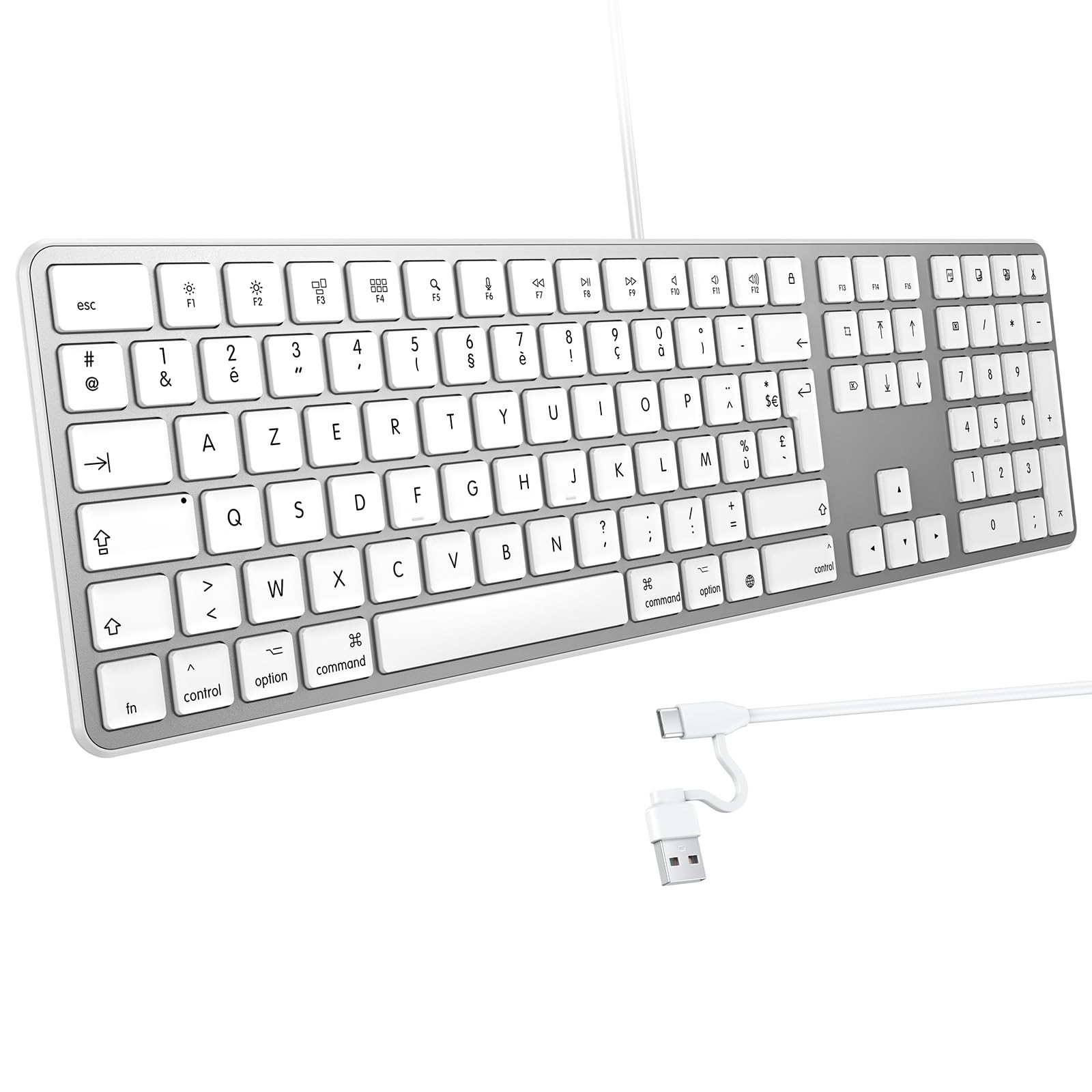 OMOTON Clavier Filaire pour Mac, Câble de Clavier avec Double Port (Type C/USB), AZERTY Français pavé Numérique, Compatible avec Apple Mac Pro/Mini, MacBook Air/Neo, iMac Pro, Argent