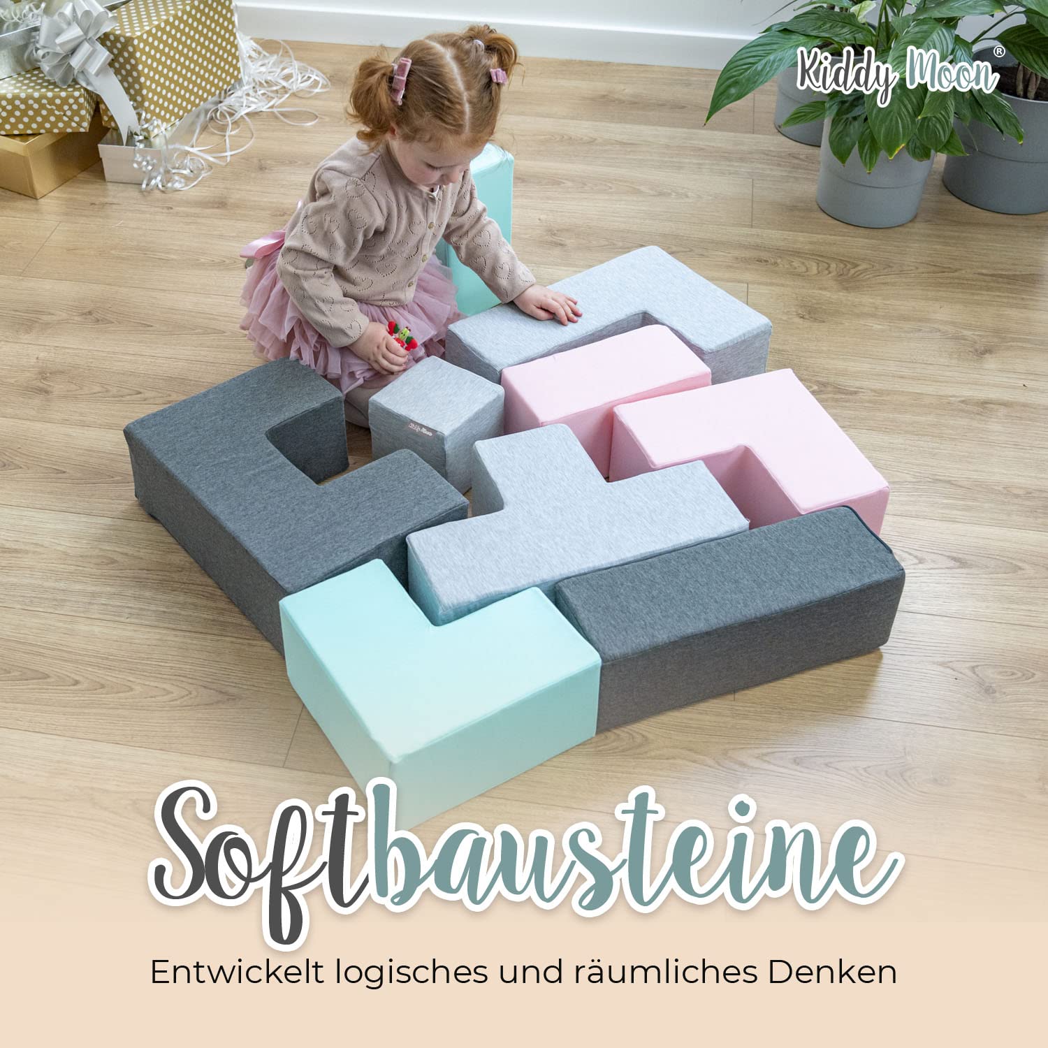 KiddyMoon Schaumstoff Würfel Für Baby Weiche Blöcke 9 Stücke Schaum Spielzeug Montessori-Spielzeug Mit Schaum Und Viel Spaß Für Kinder, Mix: Hellgrau-Dunkelgrau-Pink-Mint