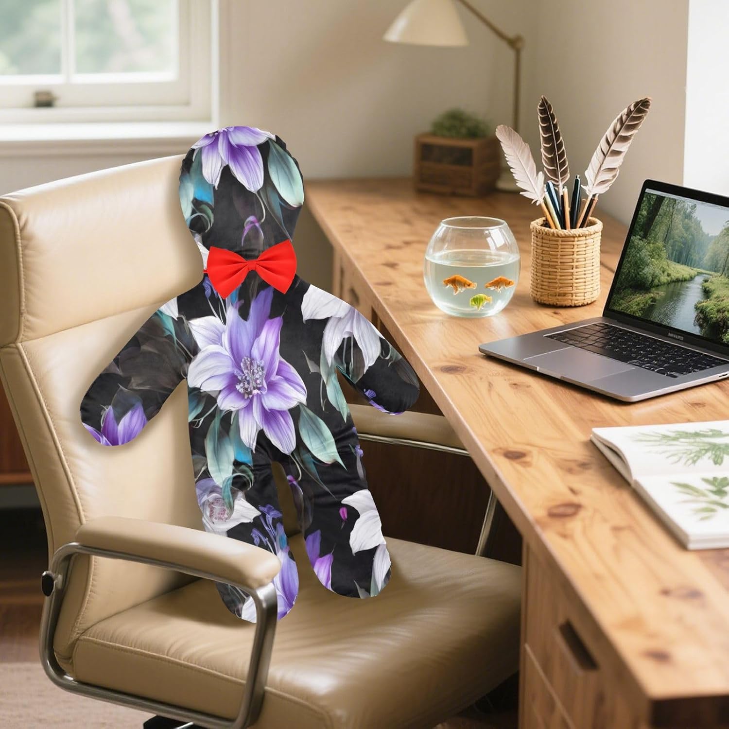 Purple Flower Black Human-Shaped Pillow Soft Body Pillows Washable Velvet Pillows for Anxiety Relief Sleeping Cuddling & Support