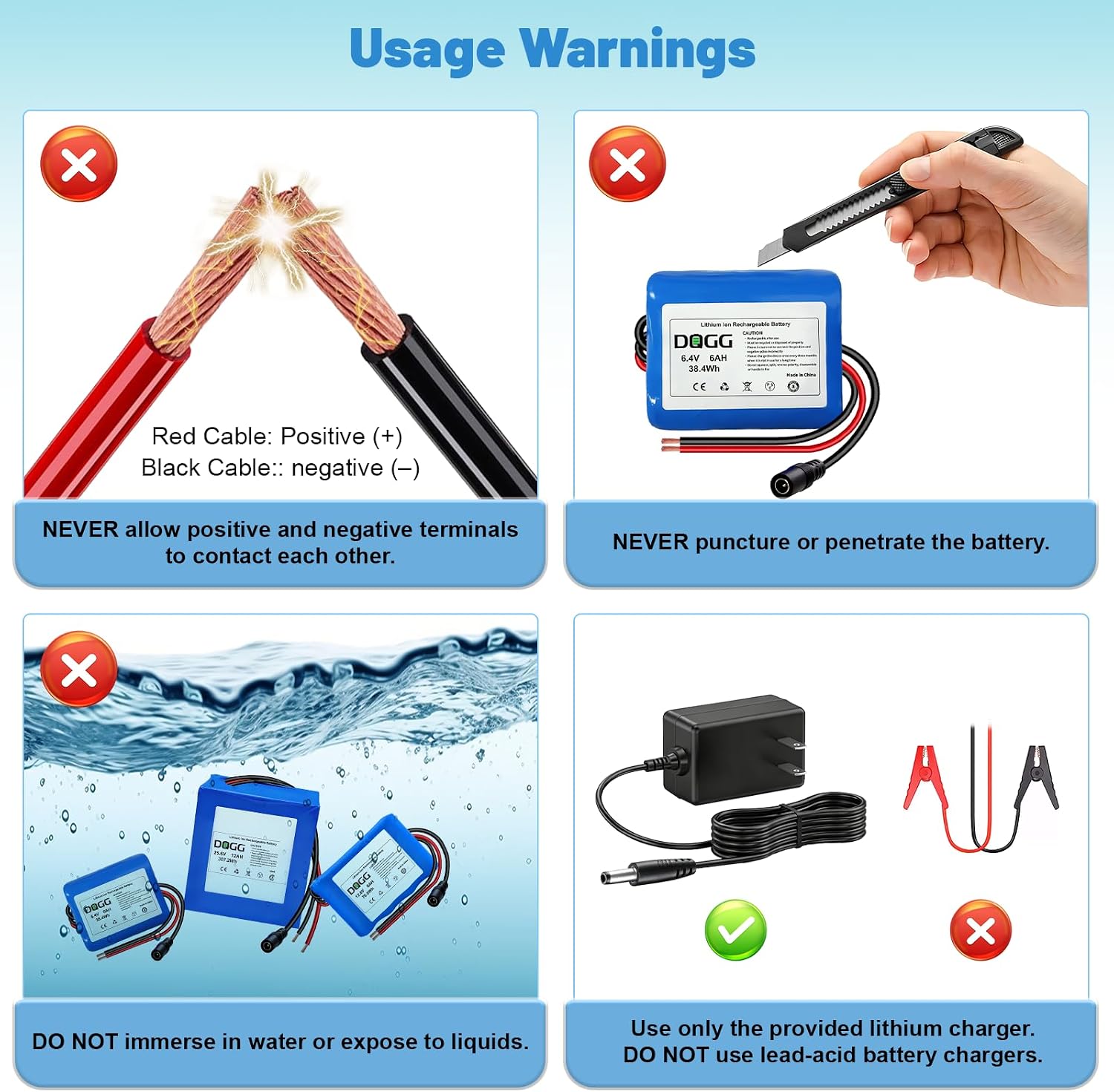 6V 6Ah Lithium Battery, 6 Volt Rechargeable Bare Leads Wire Battery with Charger, Cable Connector for DIY Projects, Kids Ride on Cars, RC Car, Robot, Solar Panels, LED, etc