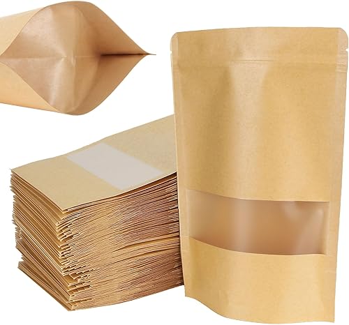 200 bolsas Kraft Ziplock de 5.9 x 8.7 pulgadas, bolsa de papel kraft reutilizable con muesca de desgarro y ventana mate para almacenamiento de