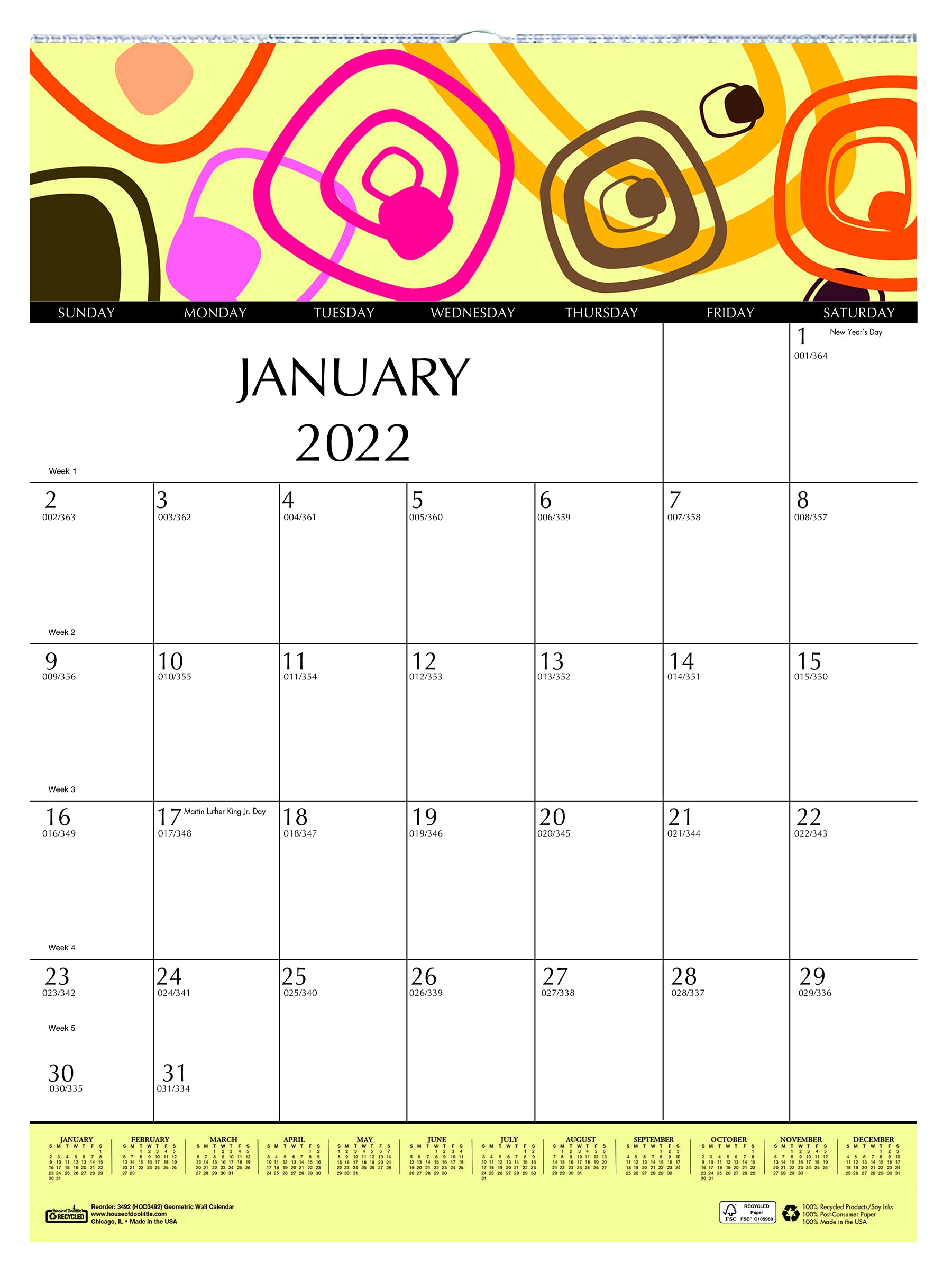 House of Doolittle Calendario mensile da parete 2022, geometrico, 30,5 x 41,5 cm, gennaio-dicembre (HOD3492-22)