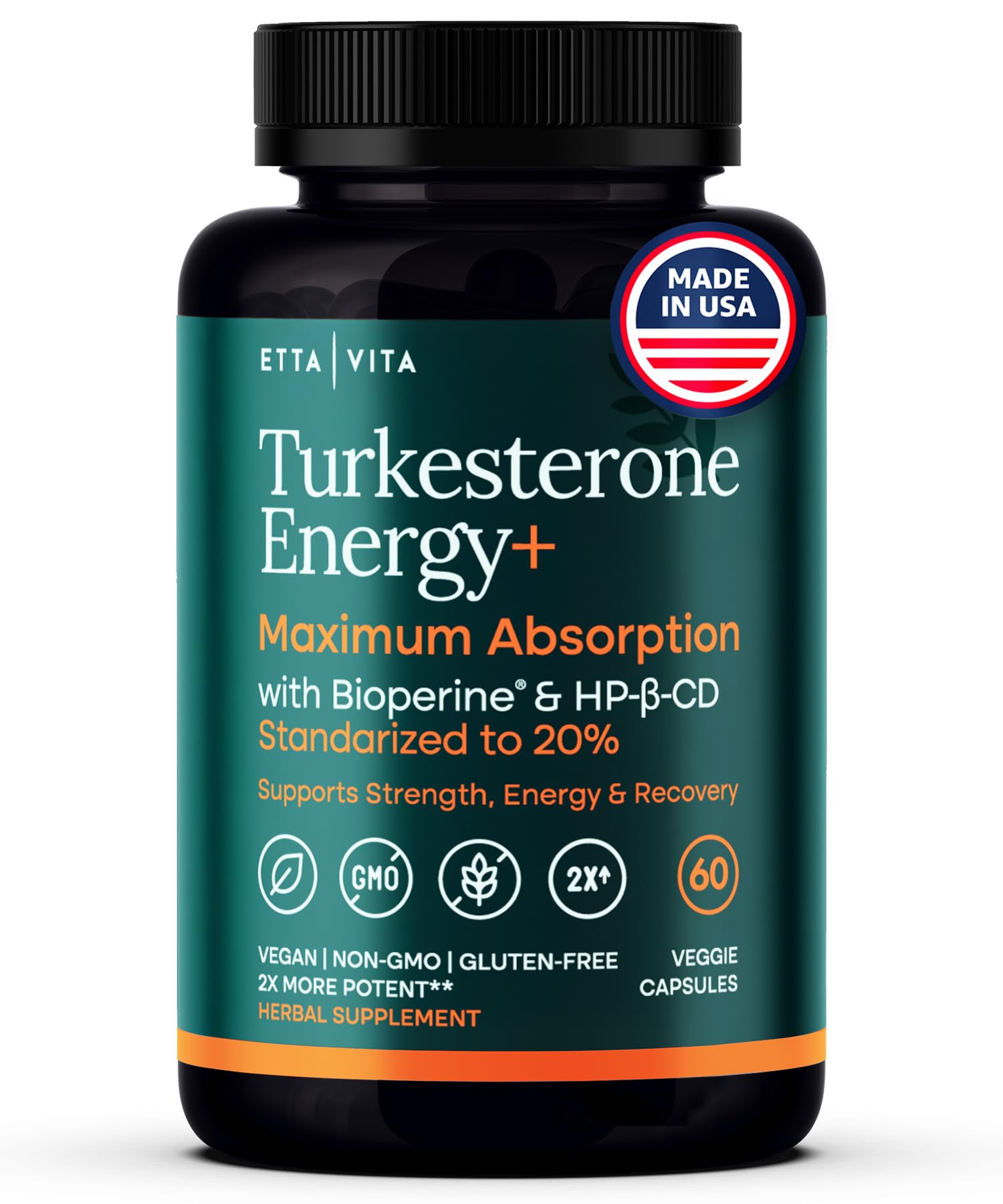 Potent Turkesterone Supplement, 2X Pure (Made in USA - 3rd Party Tested) Most Bioavailable and Natural Test Support Supplement, Supports Energy Lean Muscle Health, Recovery and Stamina, Vegan (60ct)