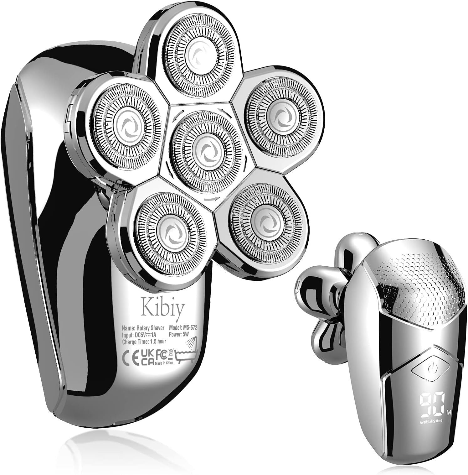 KibiyElectric Razor for Men, Upgrade 5-in-1 Bald Head Shaver Cordless LED Mens Electric Shavers IPX7 Waterproof Wet Dry Rotary Shaver Grooming Kit with Beard Clippers, Type-C Charge (Sliver)