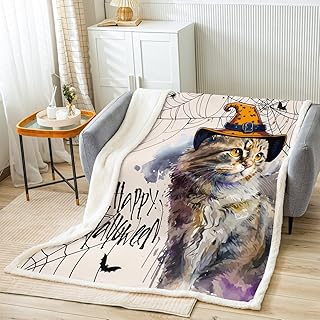 Manfei Halloween Throw Blanket Cartoon Cat Blanket for Couch Sofa, Black Spider Web Bats Print Bed Blanket for Kids Boys Girls Room Decor, Soft and Breathable Fleece Blanket(50 x 60 Inches)