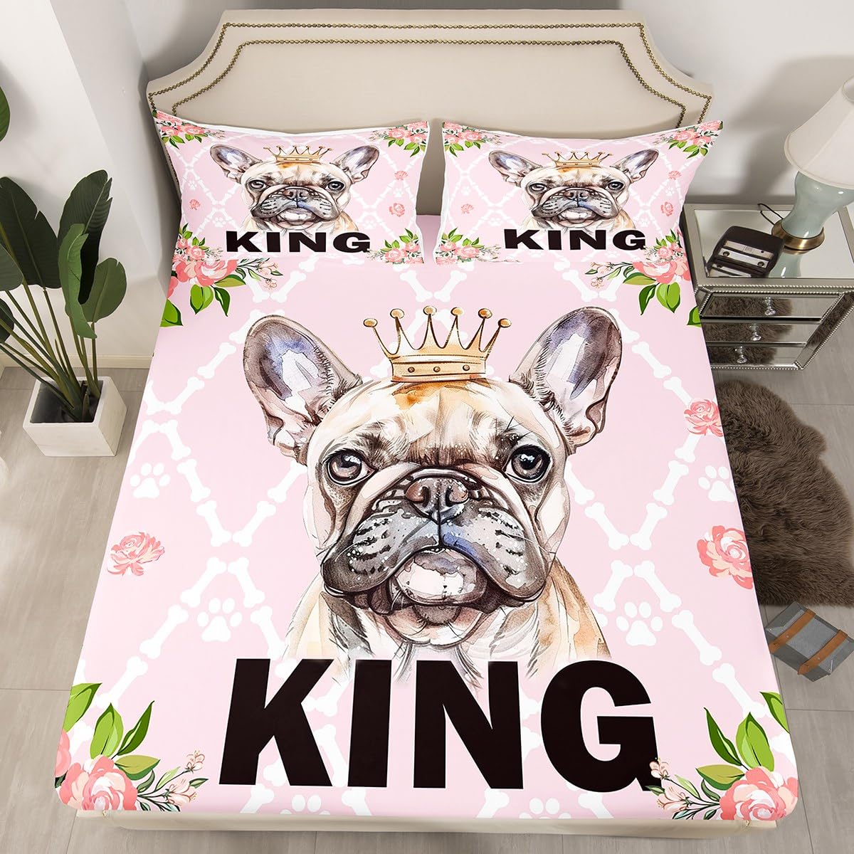 Manfei Cute Dog Kids Fitted Sheet Single Size, Pink Flower Dog Paw Bone Pug Bedding Set for Boys Girls Adult Bedroom Decor, Cartoon Animal Bed Cover with 1 Pillowcase, Soft Polyester Bedding