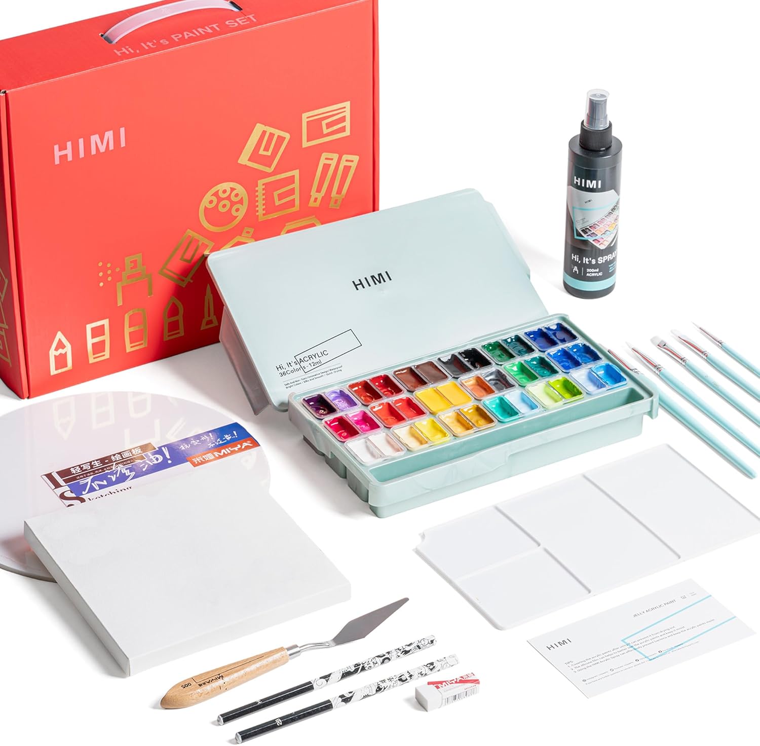 HIMI Deluxe 36 Colors Twin Cup Jelly Acrylic Paint Set, – Complete Art Kit with Pad, Spray, Palette, Brushes, Painting Knife, Foldable Frame for Beginners, Students & Artists