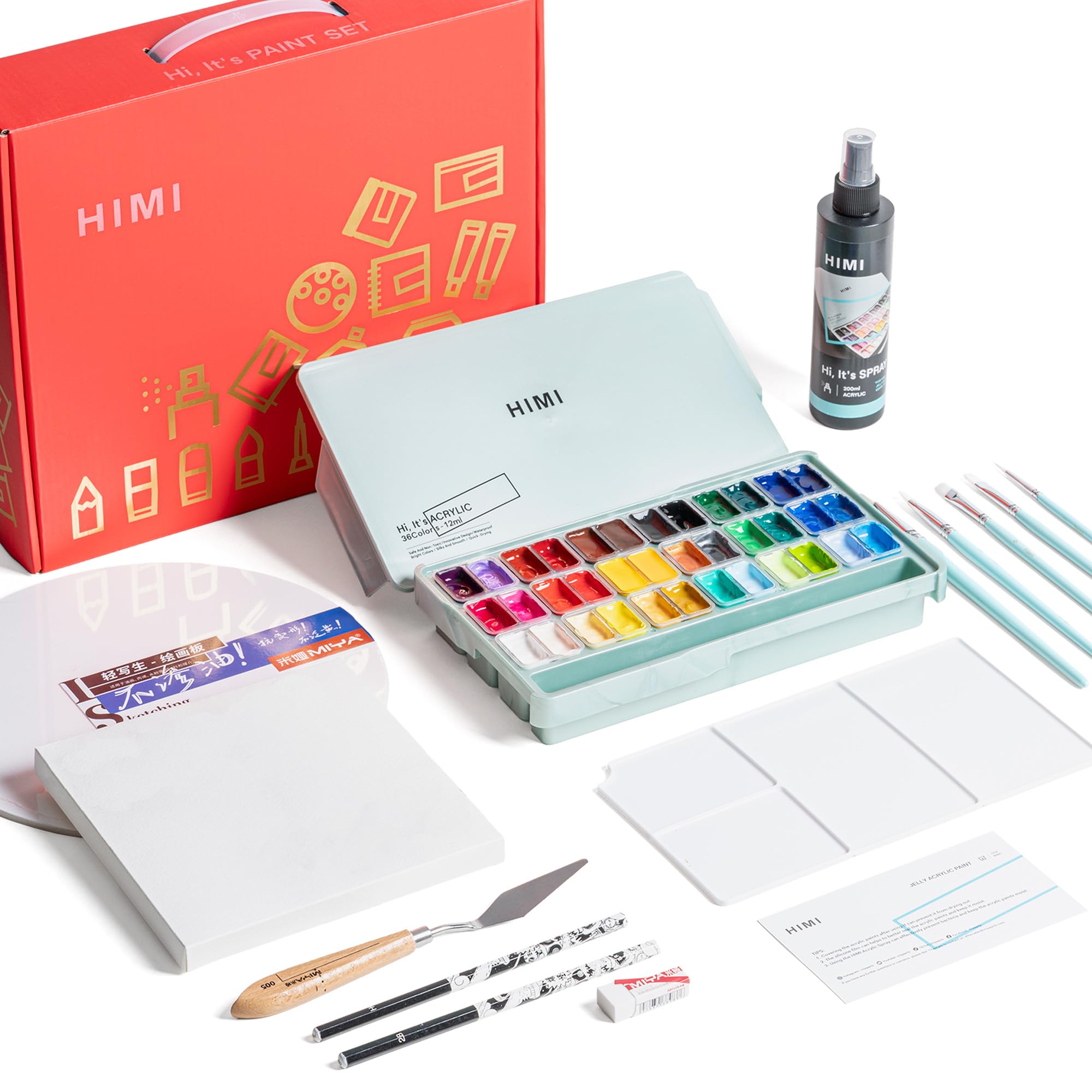 HIMI Deluxe 36 Colors Twin Cup Jelly Acrylic Paint Set,  Complete Art Kit with Pad, Spray, Palette, Brushes, Painting Knife, Foldable Frame for Beginners, Students & Artists