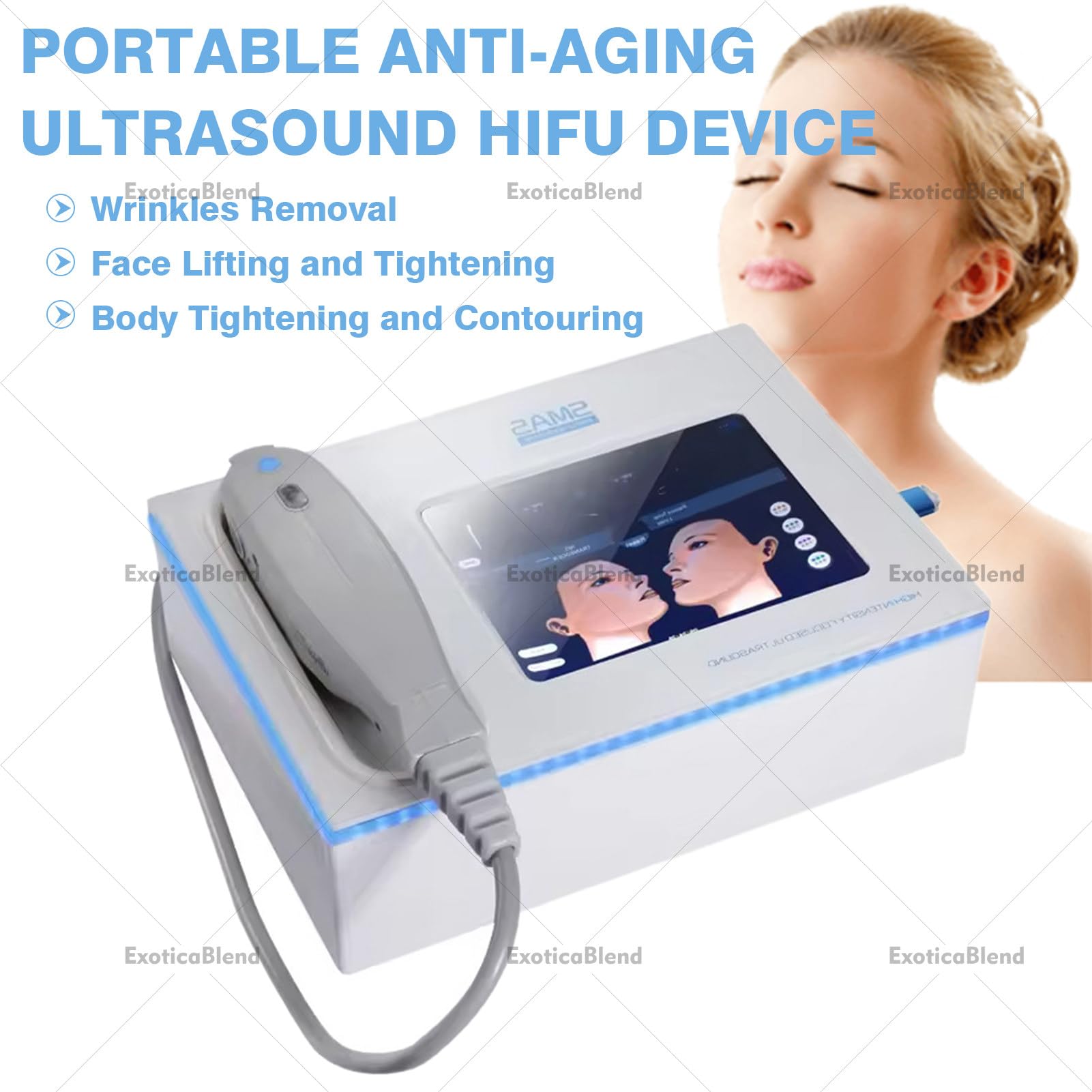 Hautstraffungsgerät, 7D-HIFU-Gerät, Facelift-Gerät mit 5 Kartuschen für intensitätsorientierte HIFU-Ultraschall-Gesichtsbehandlung zur Anti-Aging-Behandlung von Gesicht und Körper