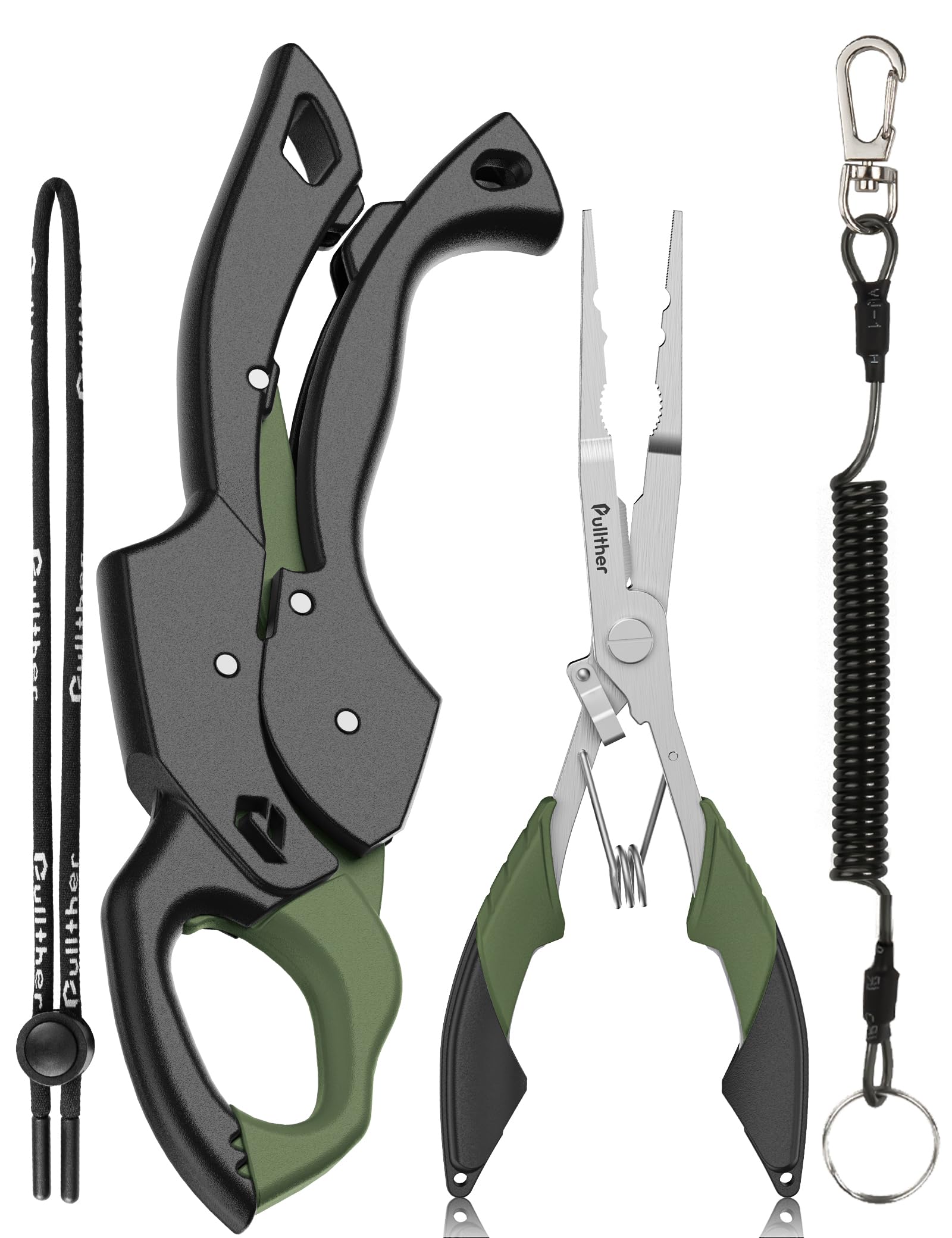 pullther Fishing Tools Kit, Fishing Pliers, Fishing Scissors, Fishing Line Cutter for Braided Fishing Line, Fishing Multitool with Lanyard (Green, 22cm Fishing Pliers + Fish Lip Gripper)