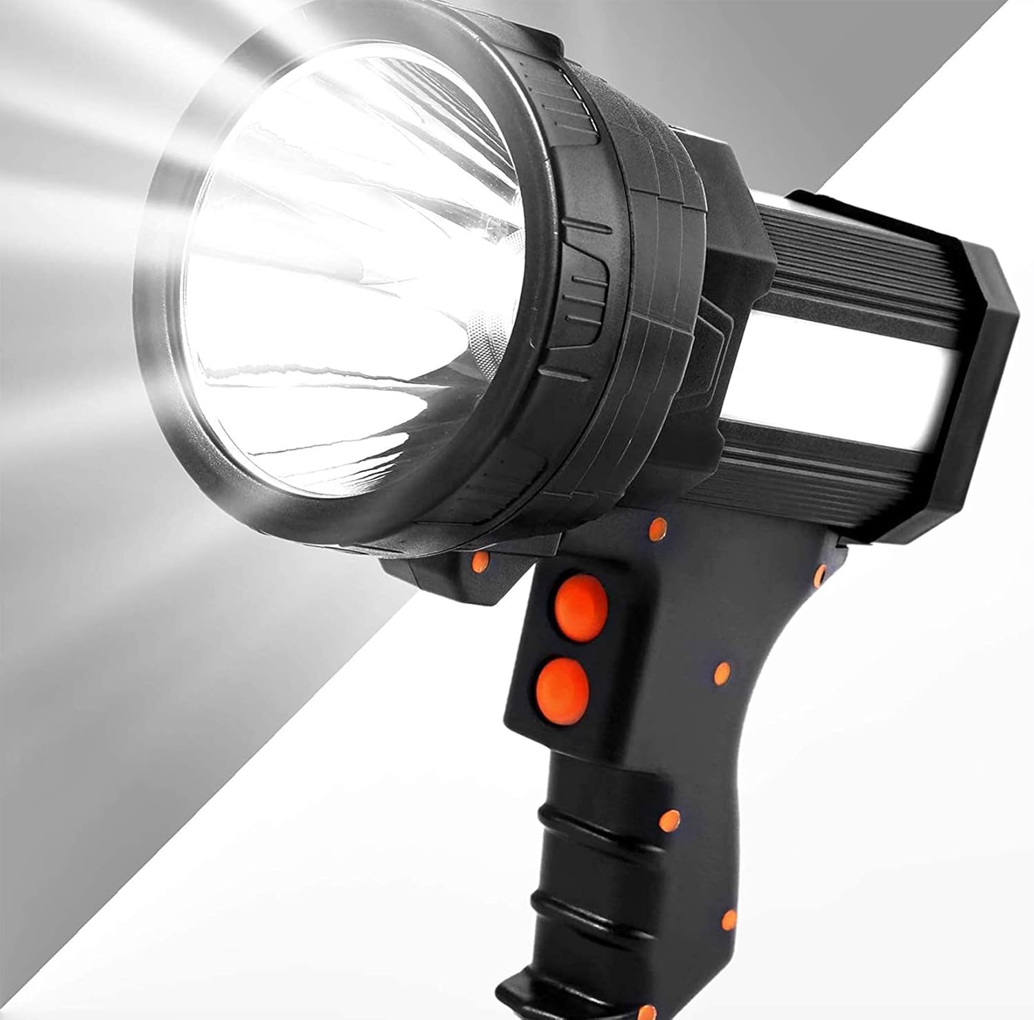 Super Bright Handheld Spotlight 6000 Lumens Rechargeable Flashlight 9600 mAh Rechargeable Long-Lasting LED Searchlight Hunting Spotlight with USB Output Function IPX4 Waterproof (Black)