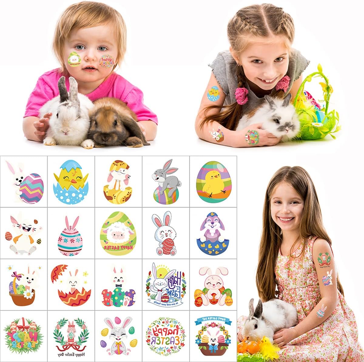 20PCS Kids Easter Temporary Tattoos Easter Water Transfer Egg Rabbit Tattoos Stickers Face Tattoo for Body Arm Fake Tattoos Easter Decoration Easter Party Favor Accessories Baby Girl Boys Tattoo