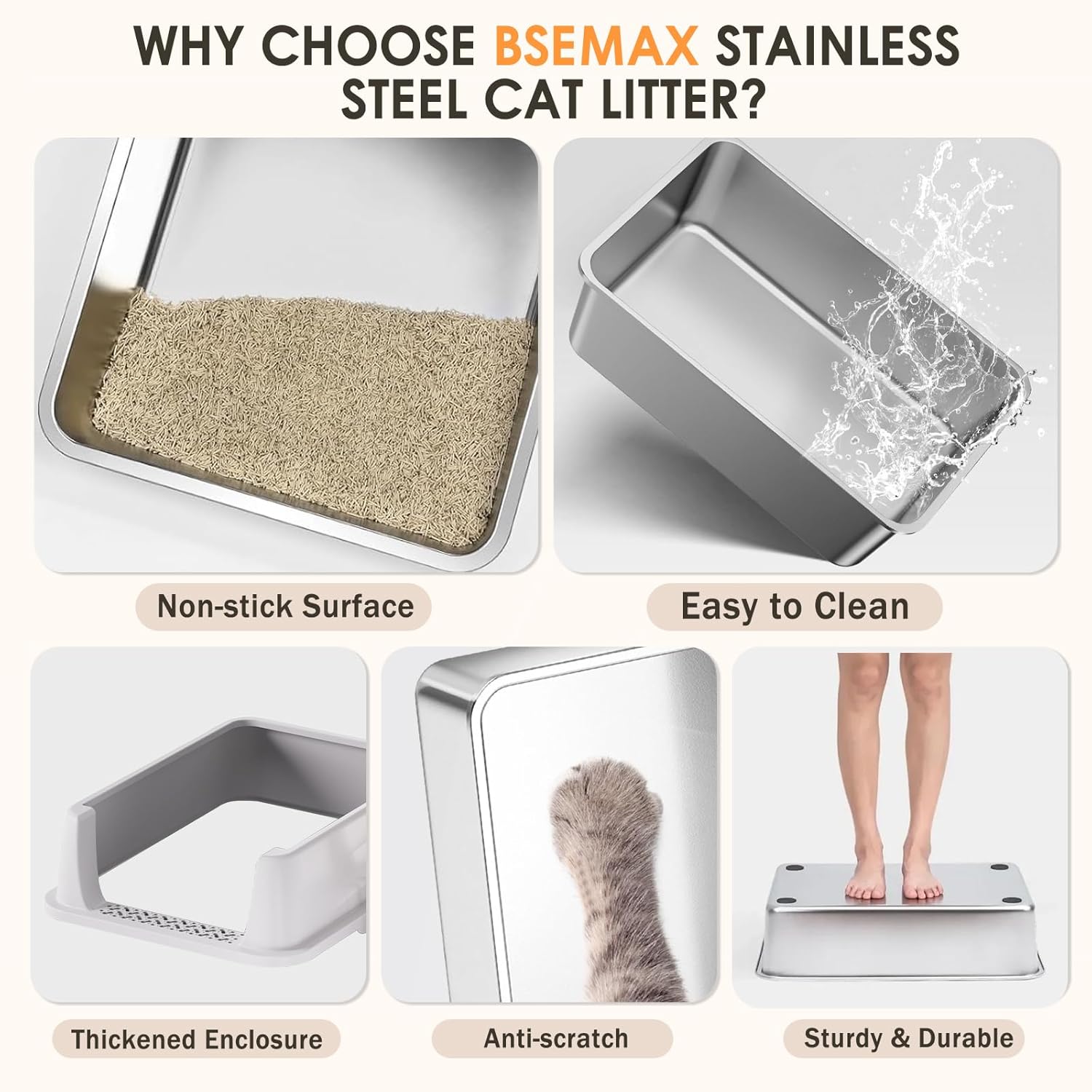 Stainless Steel Litter Box with Lid: Metal Cat Litter Box for Small Cats with Scoop, High Sided Kitty Litter Pan Tray, 17.4'' x 13.5'' x 8.5'',Non-Stick, Anti-Leakage, Easy Cleaning (Light Gray)