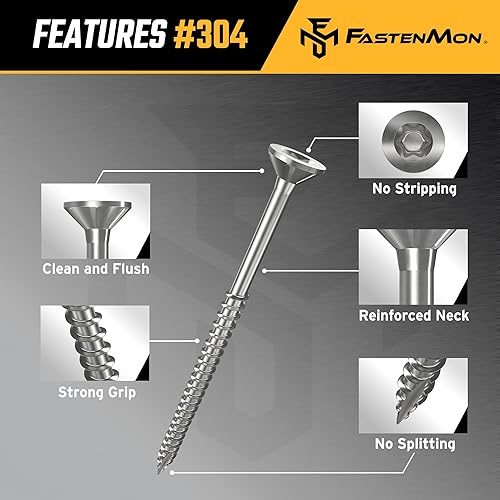Miniatura 3 de FM FastenMon Tornillos de acero inoxidable #10 x 3 pulgadas, 1200 piezas, grado 304 con broca de estrella T25, ideal para proyectos de madera al