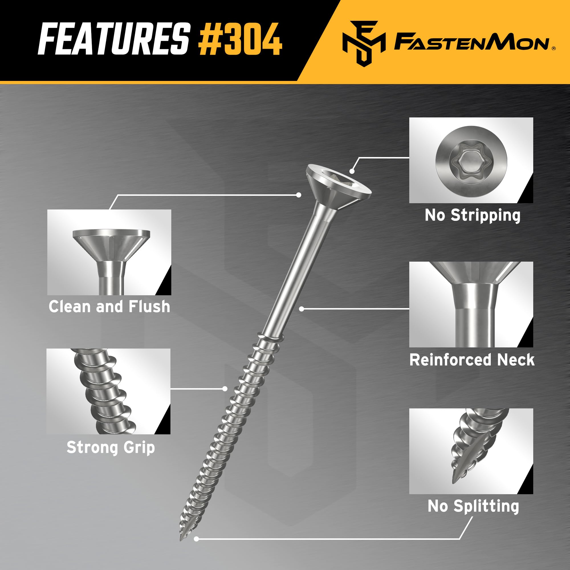 Fastenmon - Tornillos de cubierta de 10 x 3 pulgadas, 300 piezas de 4.5 libras de acero inoxidable 304 Torx de cabeza plana, tornillos exteriores para madera, una broca T 25 incluida