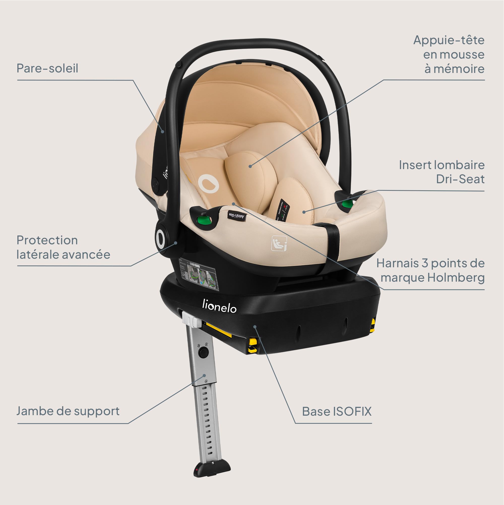 LIONELO ASTRID i-Size SET Siège auto Enfant avec Base 40-87 cm Cosy pour Bébé Montage ISOFIX, Ceinture de Sécurité à 3 points Protection Latérale, Insert Dri-Seat, i-Size R129 (BEIGE SABLE)