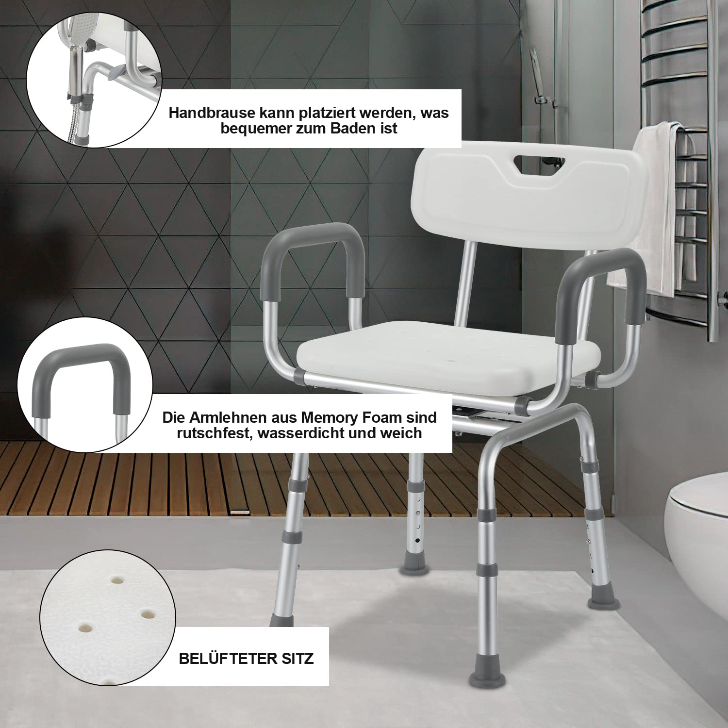 Gimisgu Silla de ducha giratoria 360°, con brazos y respaldo extraíbles, altura regulable 56-69 cm, grandes ventosas, taburete de ducha para personas mayores, estable asiento de ducha sin herramientas