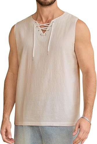 Snullo Men's Tank Top Shirts Casual Lace Up Beach Hippie Tops Retro Bohemian Ren