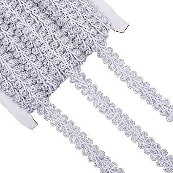 20 Yards 1/2 Inch Silver Braid Ribbon Trim Polyester Metallic Glitter Wave Scroll Upholstery Gimp Woven Braid Lace Fabric Ribbon for Sewing Making Crafts Dresses Costume Clothes DIY Decor