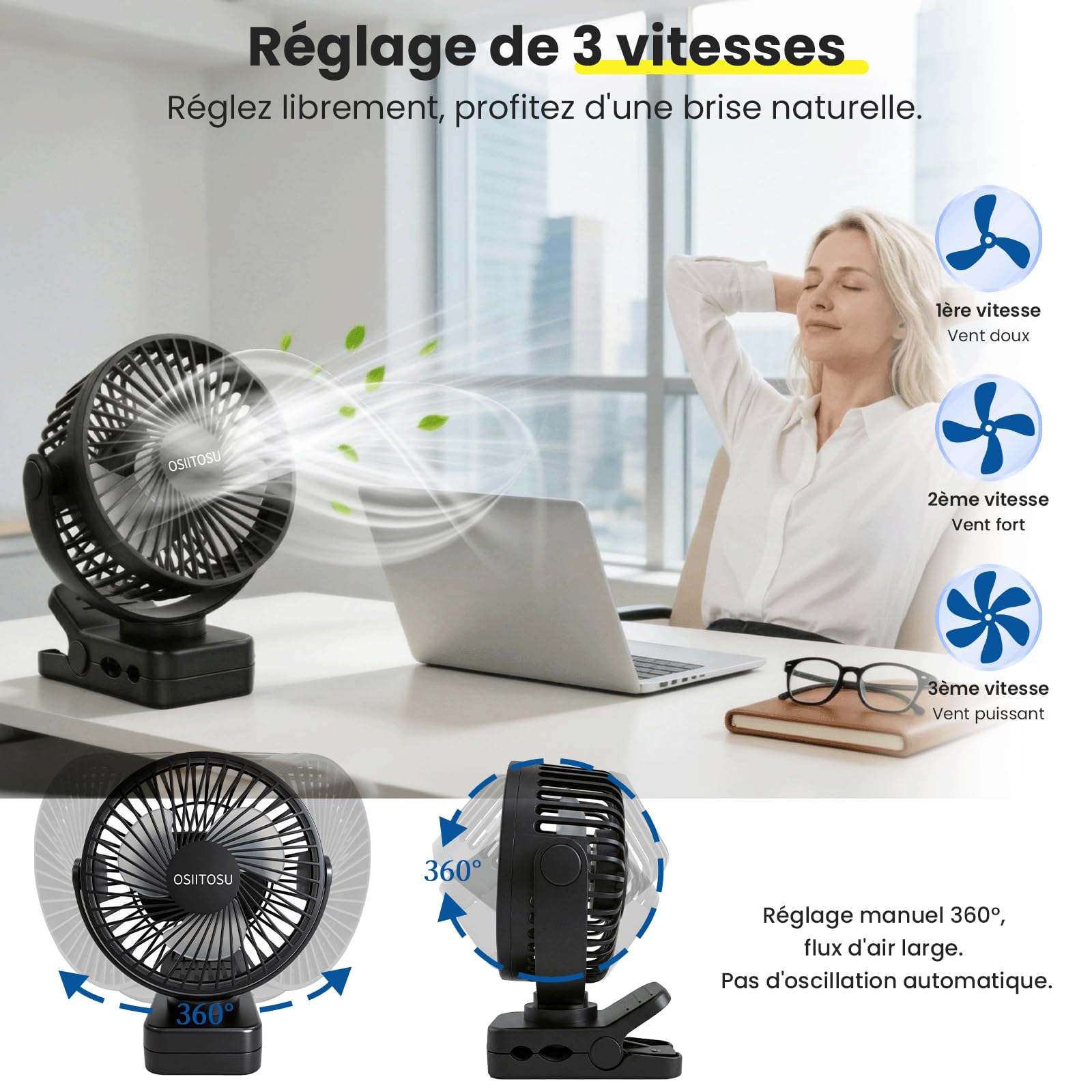 12000mAh Mini Ventilateur à Pince, 6'' Ventilateur Rechargeable USB Ventilateur Portable Silencieux Rotation 360° Petit Ventilateur de Bureau LED, 3 Vitesses, Télécommande pour Camping Bureau