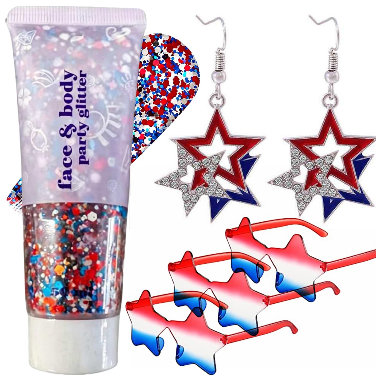 Patriotic Red White and Blue Face Body Glitter Gel、Patriotic Earrings and 3 Pairs Star Sunglasses, 4th of July Outfits and Accessories for Women,USA Flag Makeup for Independence Day 250 Anniversary