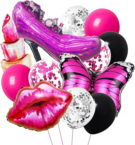 Suministros de fiesta de cumpleaños para mujer, globos de aluminio con forma de zapato de tacón alto rojo rosa, 1 unidad, tema de mariposa,