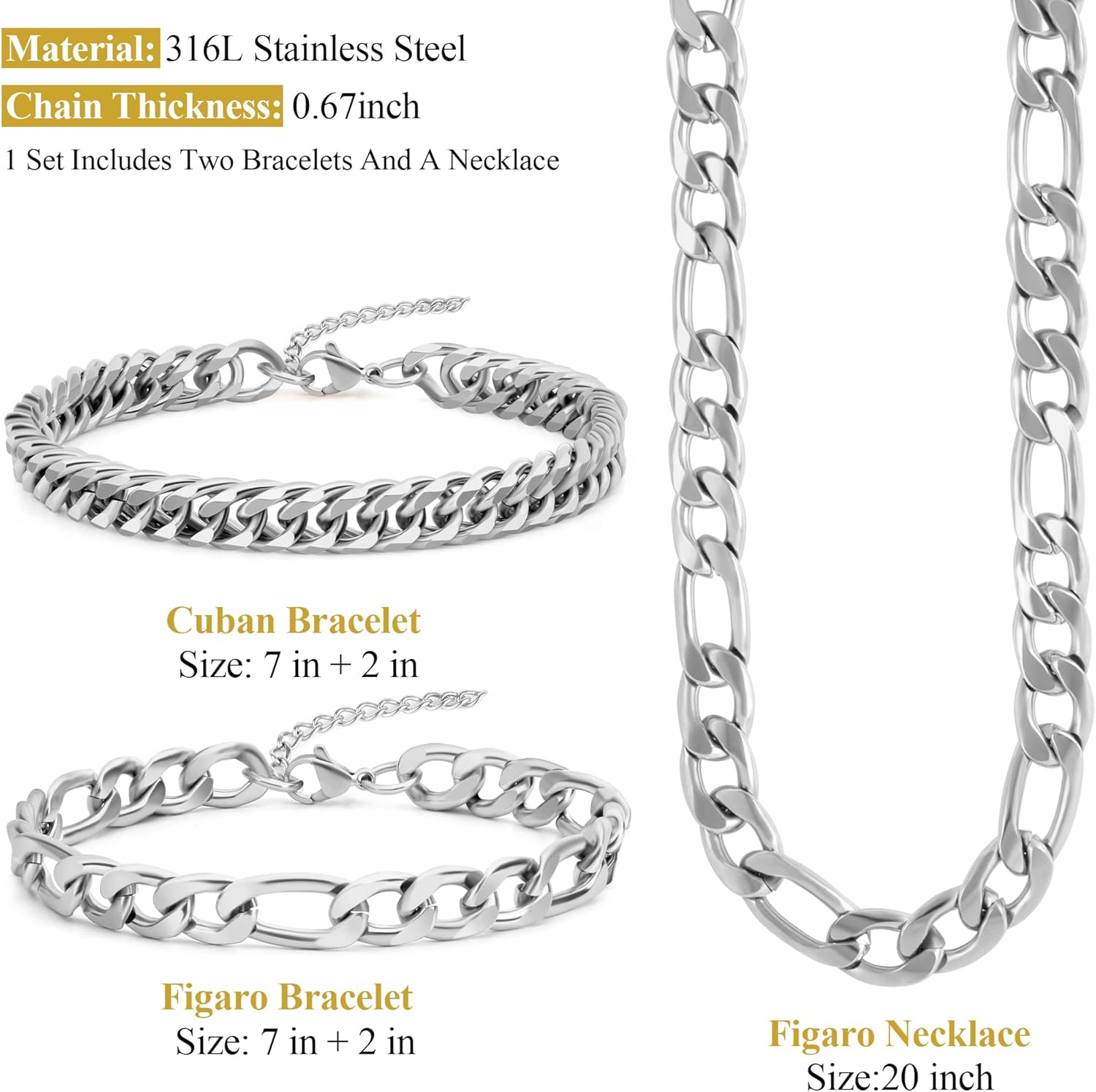 3PCS Figaro Necklace Bracelet Cuban Bracelet for Men, Silver Gold Black Sturdy 316L Stainless Steel Cuban Link Figaro Chain with 2-inch Jewelry Set with Gift Message Card 8mm - Image 2