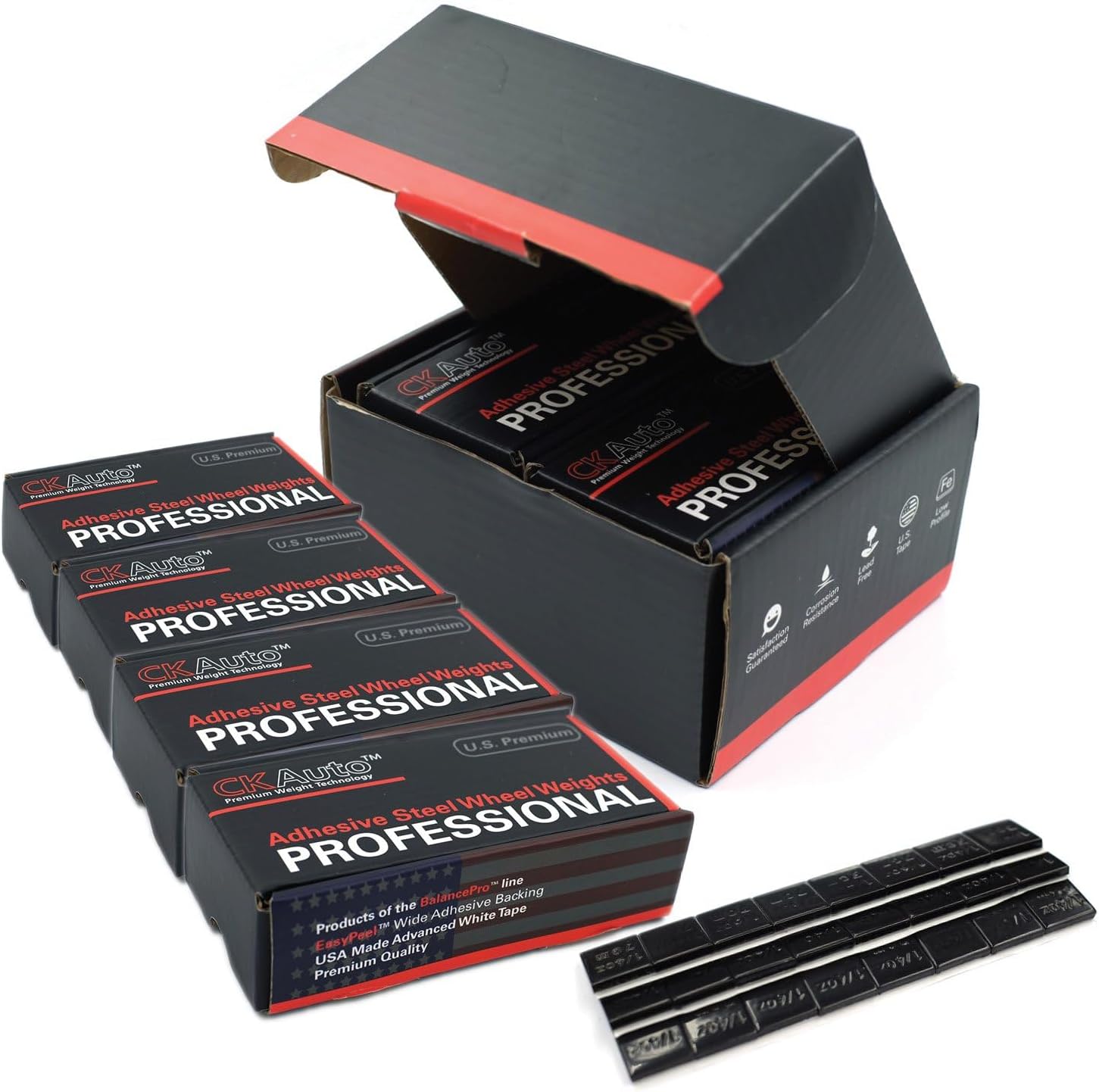 CKAuto 1/4oz, Adhesive Stick-On Wheel Weights, Black, 4 Boxes, 240 oz Case | Cars, Trucks, SUVs, Motorcycles, Low Profile, OEM Quality, Valued Pack Perfect for Garages, 960 Segments, 60oz/Box, 15lb/Case