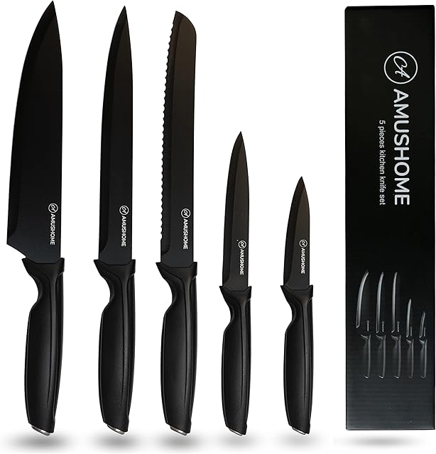 AMUSHOME Kitchen Knife Set of 5 l Sharp Black Kitchen Knives Set with Chef, Carving, Bread, Paring and Utility Knife, Stainless Steel Sharp Knife Blade with Ergonomic Handle