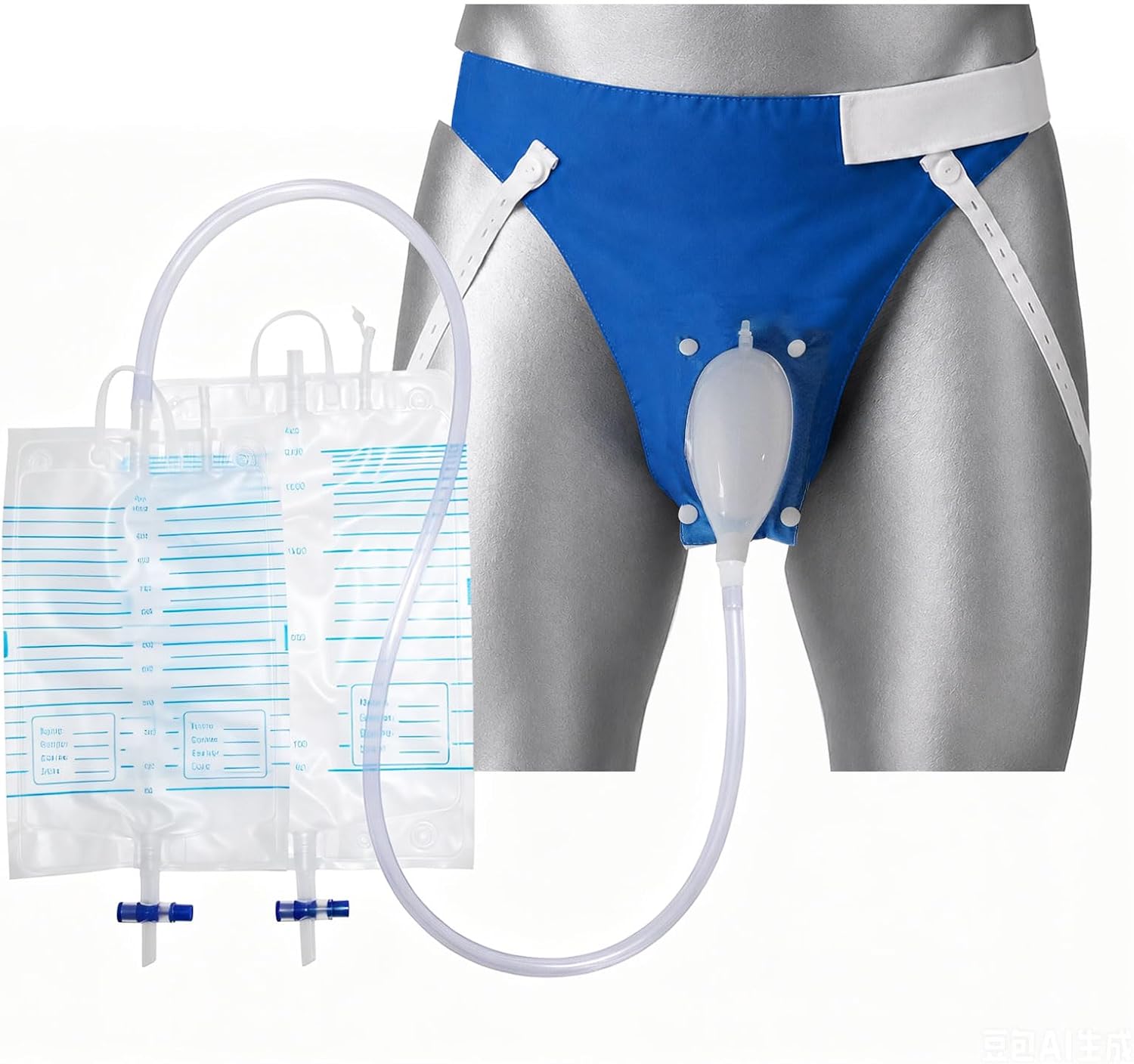 Wearable Urine Collector for Men | Leak-Proof, Silicone Cup, Comfortable and Reusable with 1000ml & 2000ml Bags for Incontinence Overnight Use（Elderly Men Blue)