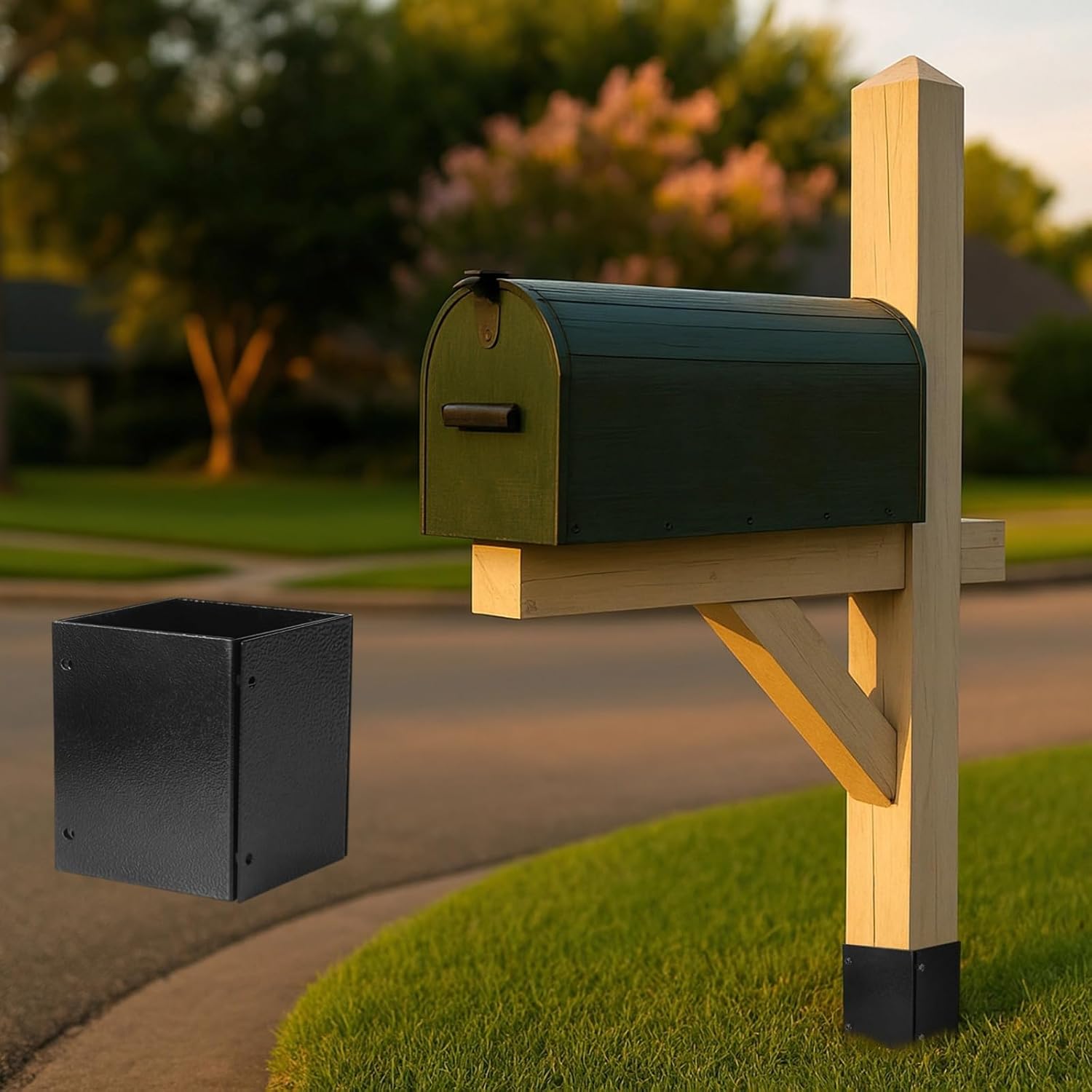 Post Base Covers Iron 2 Sets, for 3.3 to 6 in Square Posts Mailbox, Screws and Drill Bits Includes, Kit Coated Weather-Resistant
