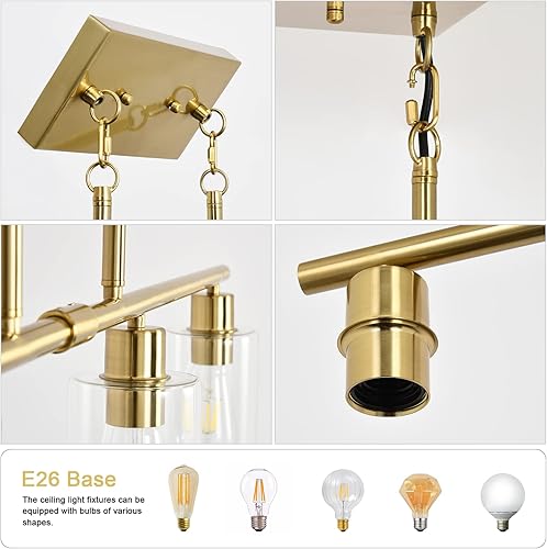 Miniatura 5 de Candelabro Moderno Dorado para Isla de Cocina de 4 Luces Latón Cepillado Lámpara Colgante Estilo Granja Industrial Accesorio de Iluminación para