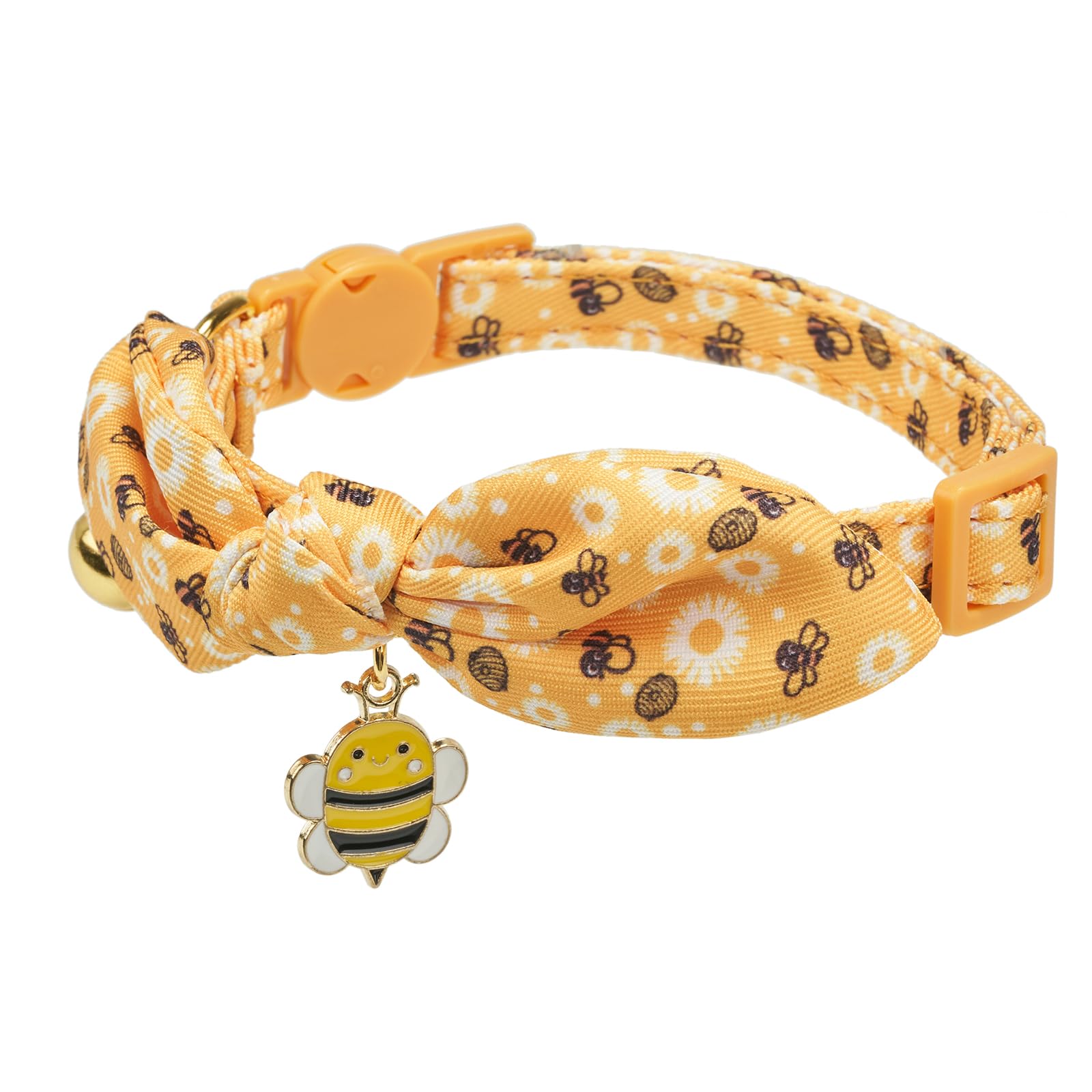 YUDOTE Soft Cotton Cat Collar with Detachable Hand-tied Bowtie,Pack of 2 Cute Feline Collars with Safety Quick Release Buckle,Bell and Charm,Pink Strawberries,Yellow Bees - Image 4