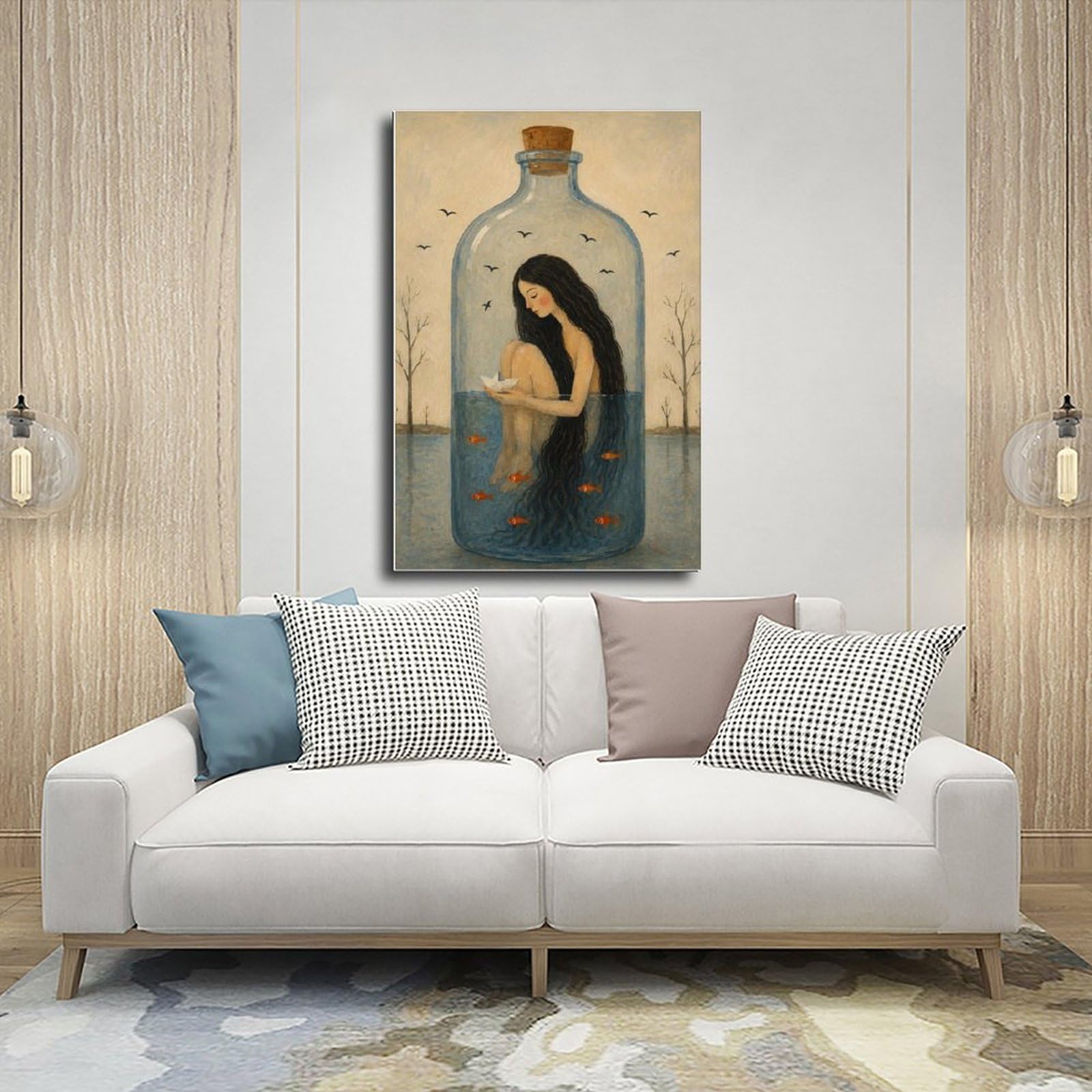 WRTYVE Poster su tela con donna surreale in bottiglia di vetro, per soggiorno, decorazione regalo