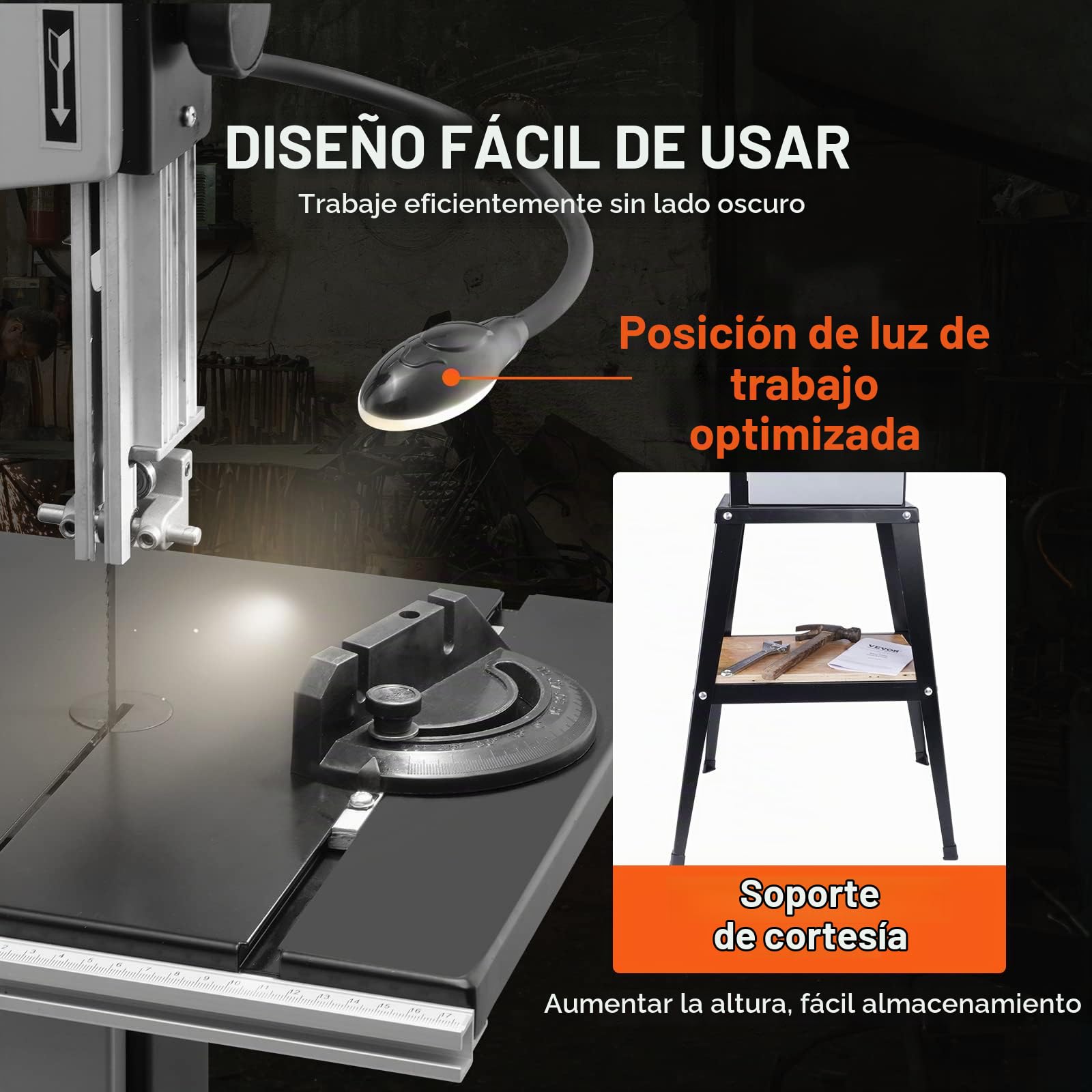 VEVOR 370 W Sierra de Cinta con Soporte de Mesa de Dos Velocidades de 506 RPM/920 RPM con Guía y Calibre de Inglete, Ancho de Garganta 245 mm, Altura de Corte de 160 mm para Carpintería, Aluminio